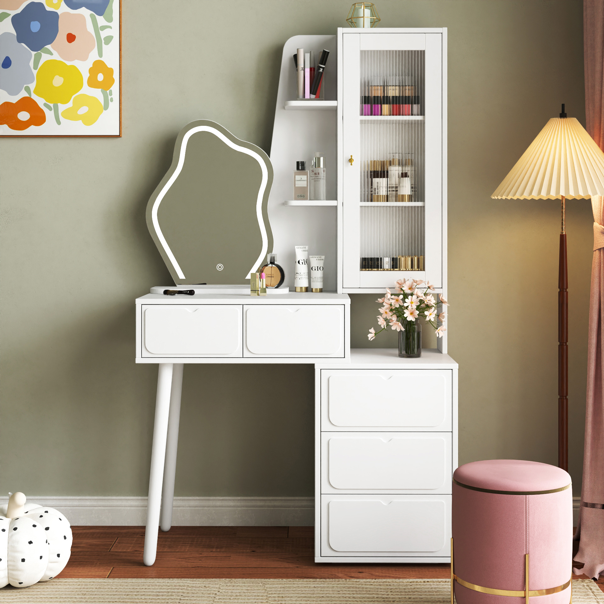 White Vanity Makeup Desk with Lighted Mirror, 5 Drawers and Storage Cabinet