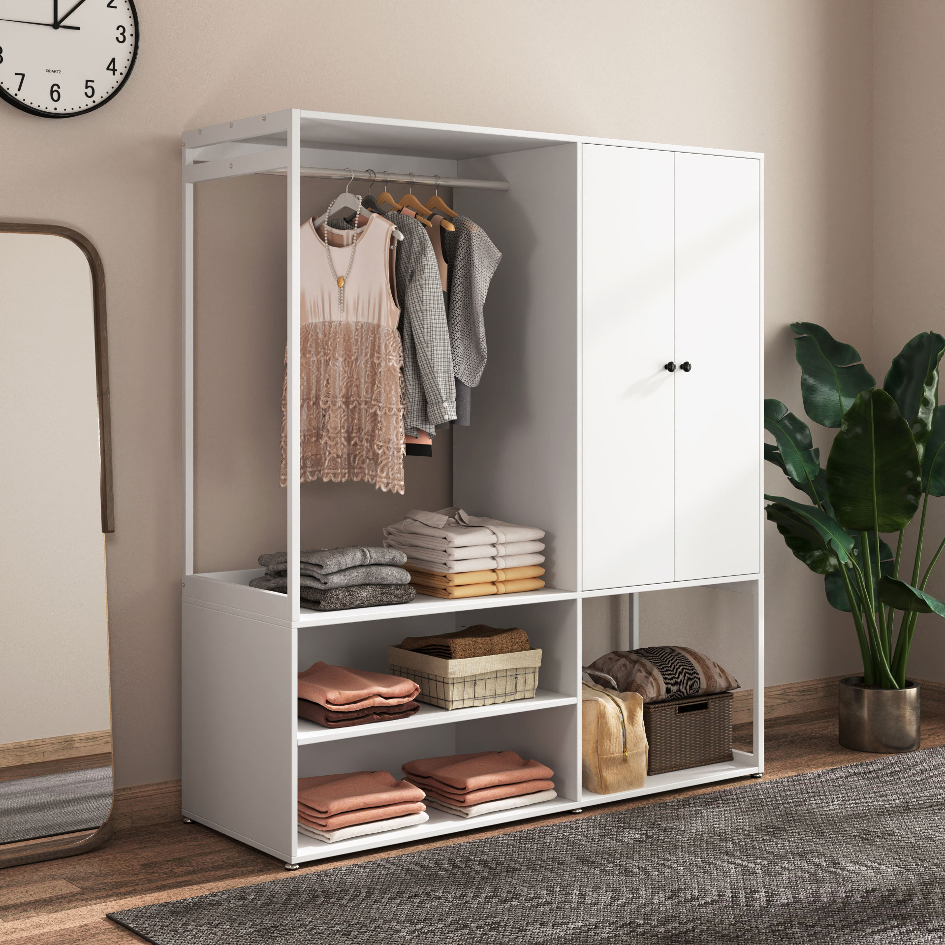 White Wardrobe Closet with Shelves & Hanging Rod for Bedroom, Living Room, Laundry Room