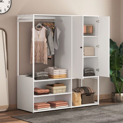 White Wardrobe Closet with Shelves & Hanging Rod for Bedroom, Living Room, Laundry Room