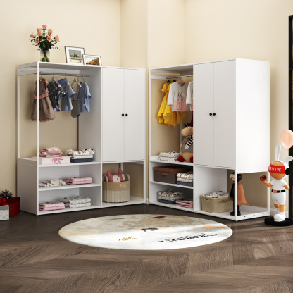 White Wardrobe Closet with Shelves & Hanging Rod for Bedroom, Living Room, Laundry Room