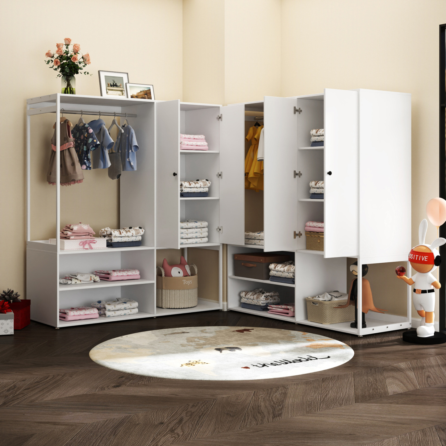 White Wardrobe Closet with Shelves & Hanging Rod for Bedroom, Living Room, Laundry Room