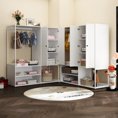 White Wardrobe Closet with Shelves & Hanging Rod for Bedroom, Living Room, Laundry Room