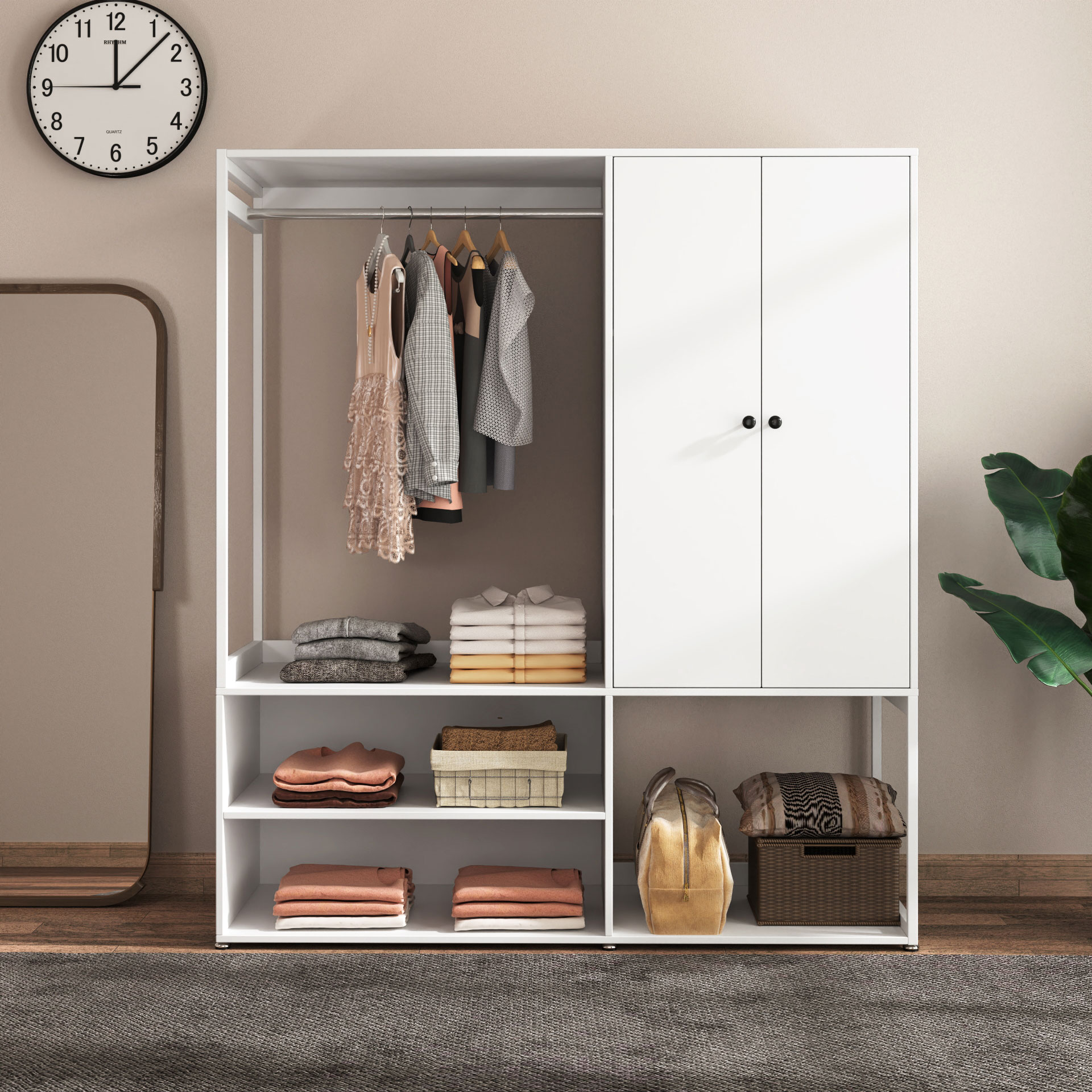 White Wardrobe Closet with Shelves & Hanging Rod for Bedroom, Living Room, Laundry Room