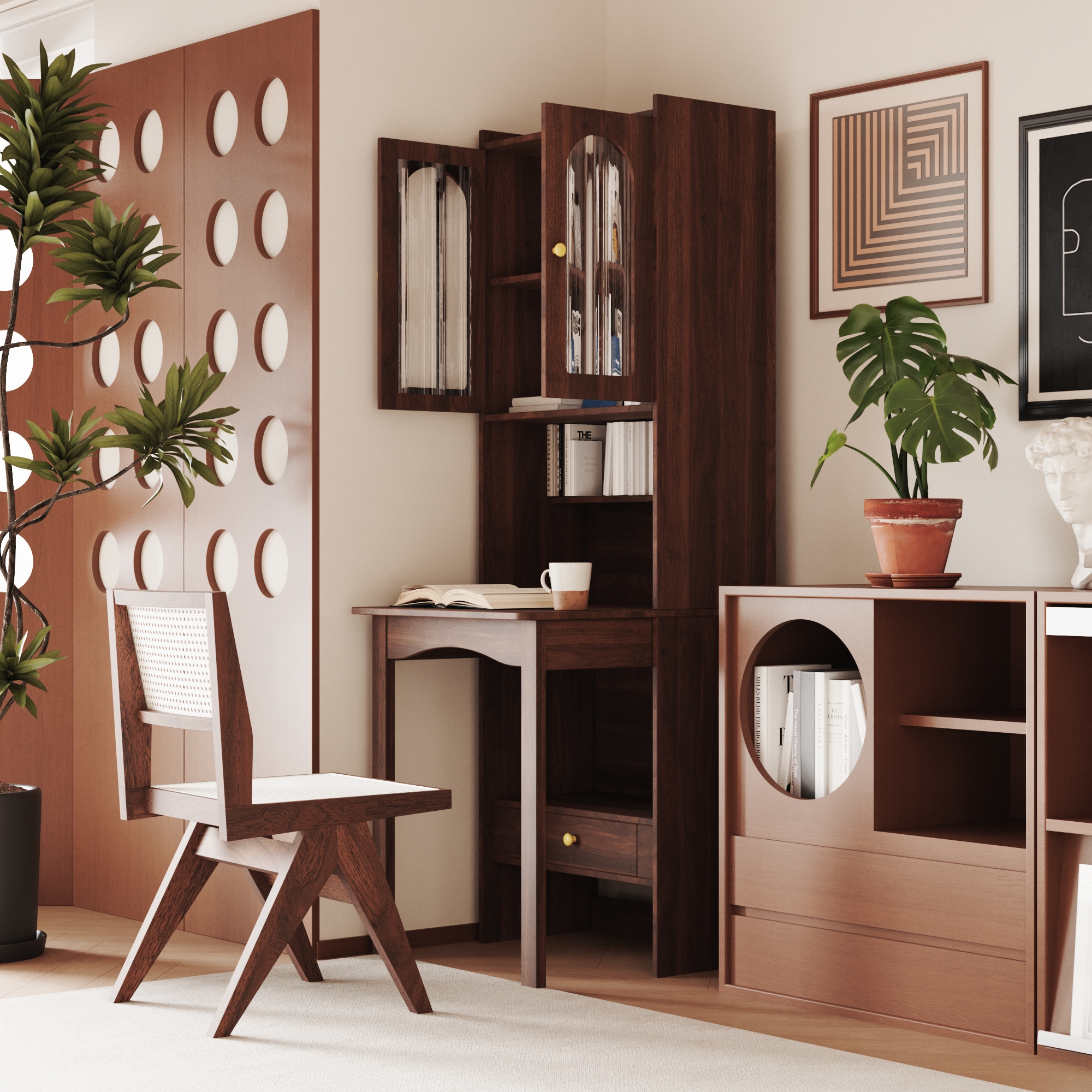 Wood Bookcase with Foldable Desk & Glass Doors for Home Office | Space-Saving