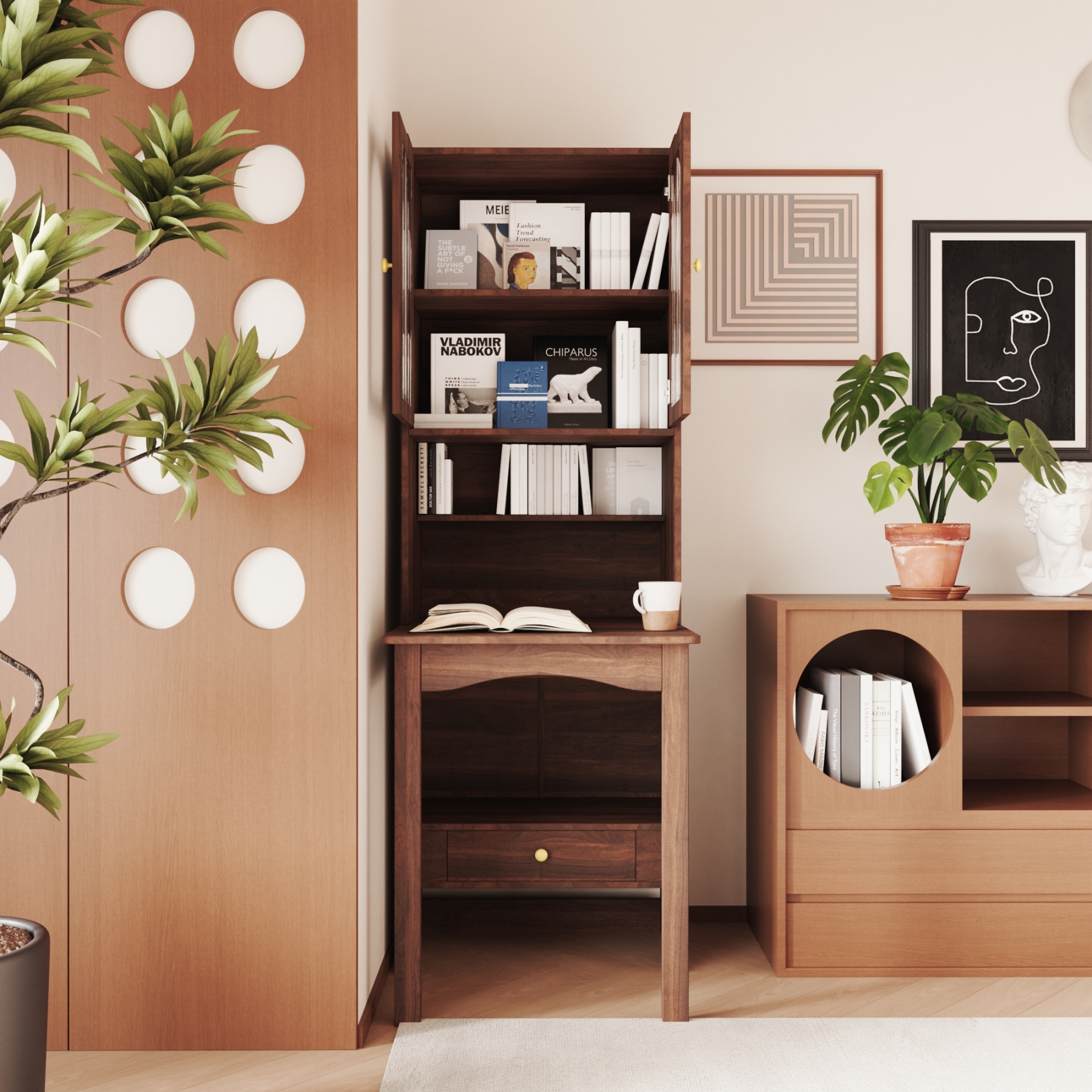 Wood Bookcase with Foldable Desk & Glass Doors for Home Office | Space-Saving