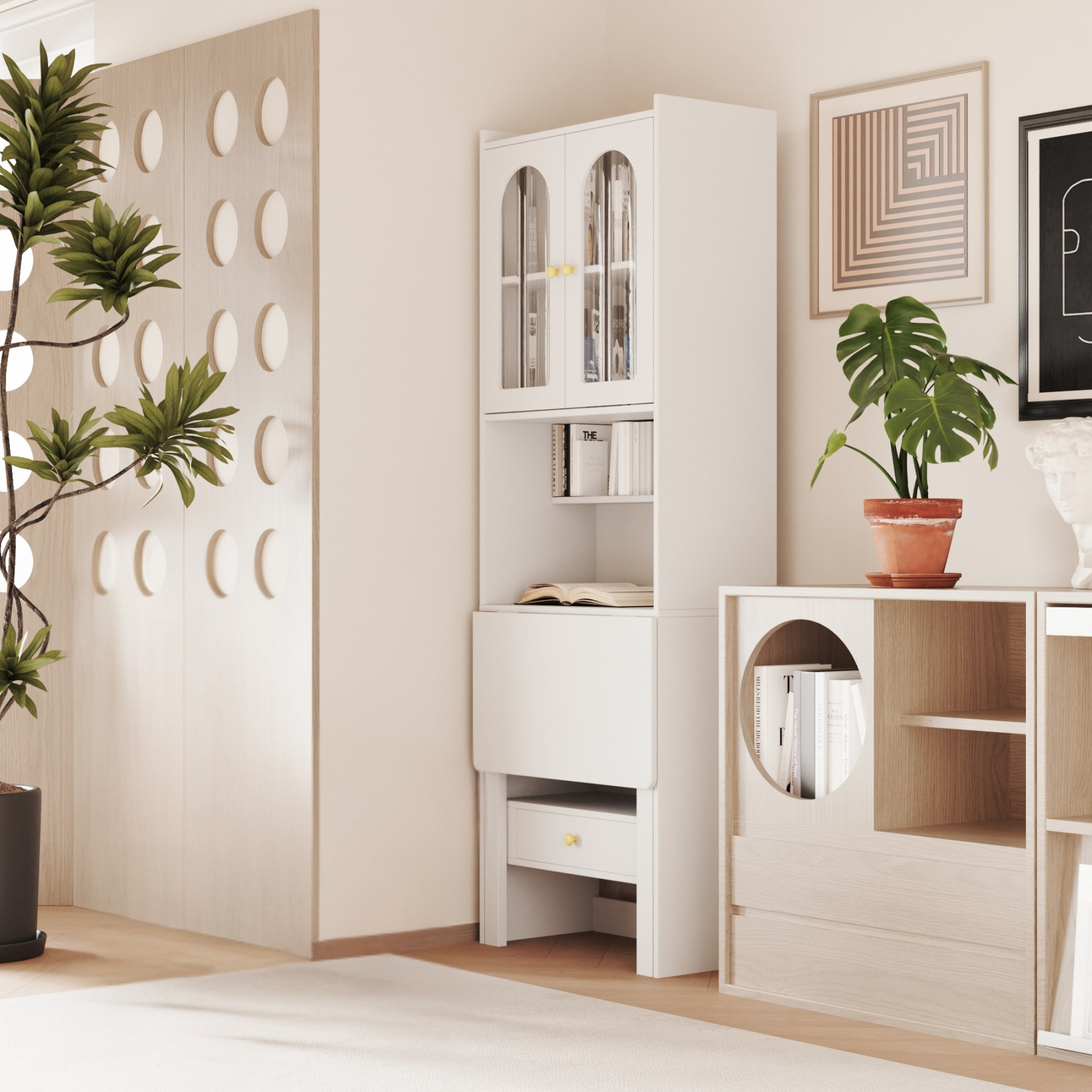 Wood Bookcase with Foldable Desk & Glass Doors for Home Office | Space-Saving