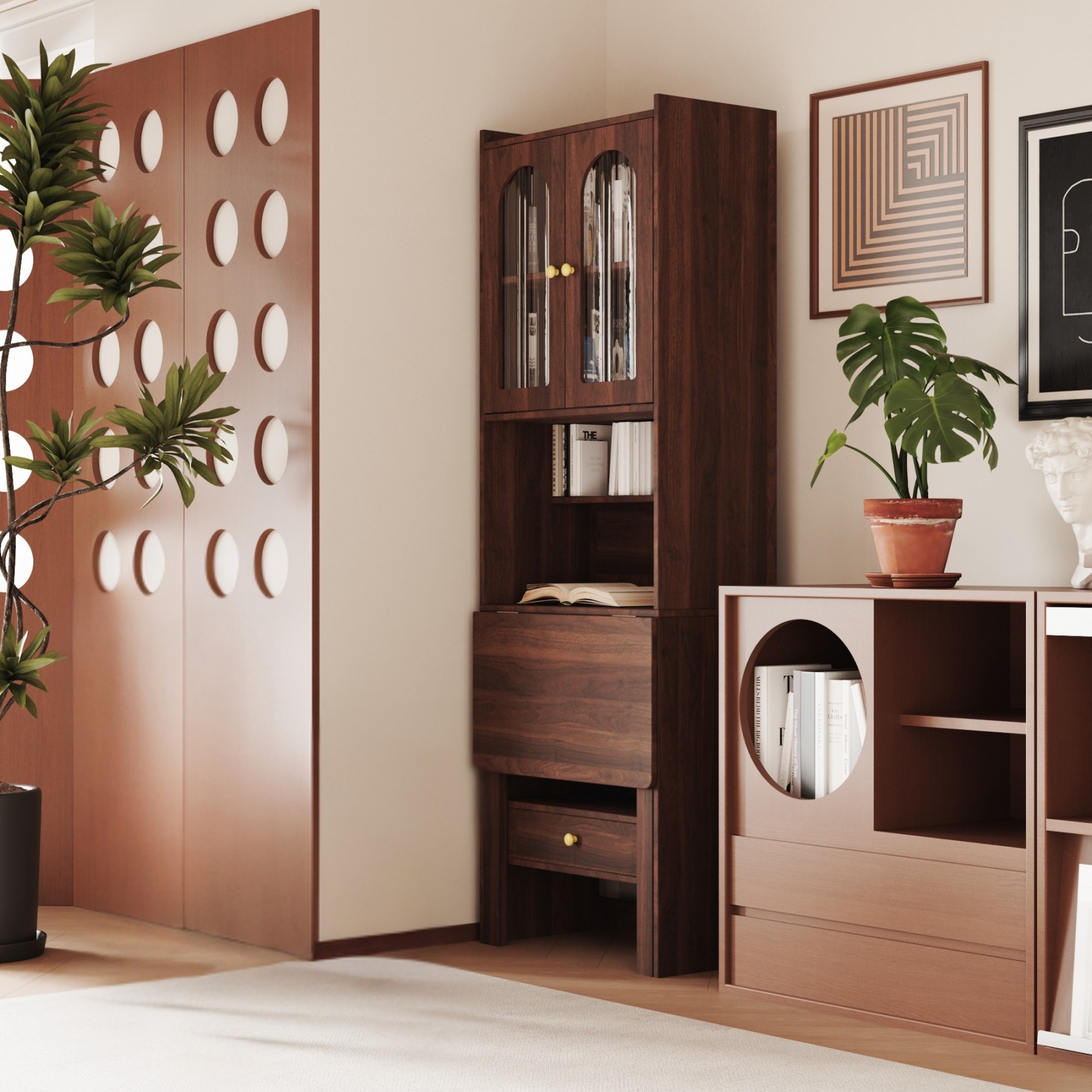 Wood Bookcase with Foldable Desk & Glass Doors for Home Office | Space-Saving