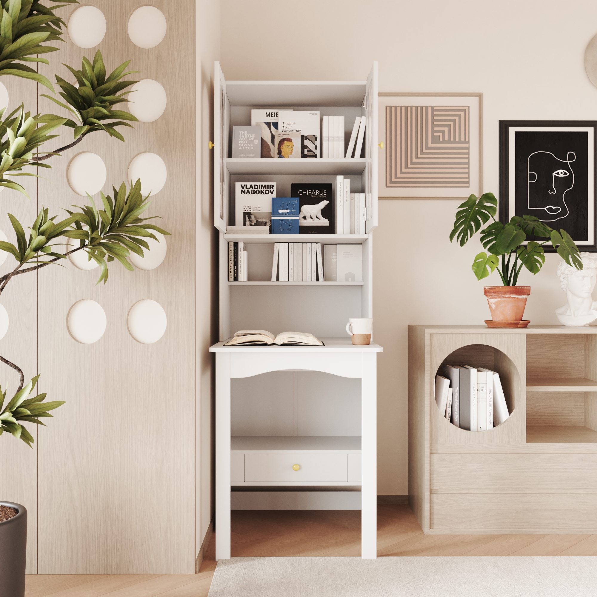 Wood Bookcase with Foldable Desk & Glass Doors for Home Office | Space-Saving
