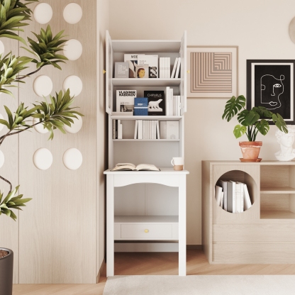 Wood Bookcase with Foldable Desk & Glass Doors for Home Office | Space-Saving