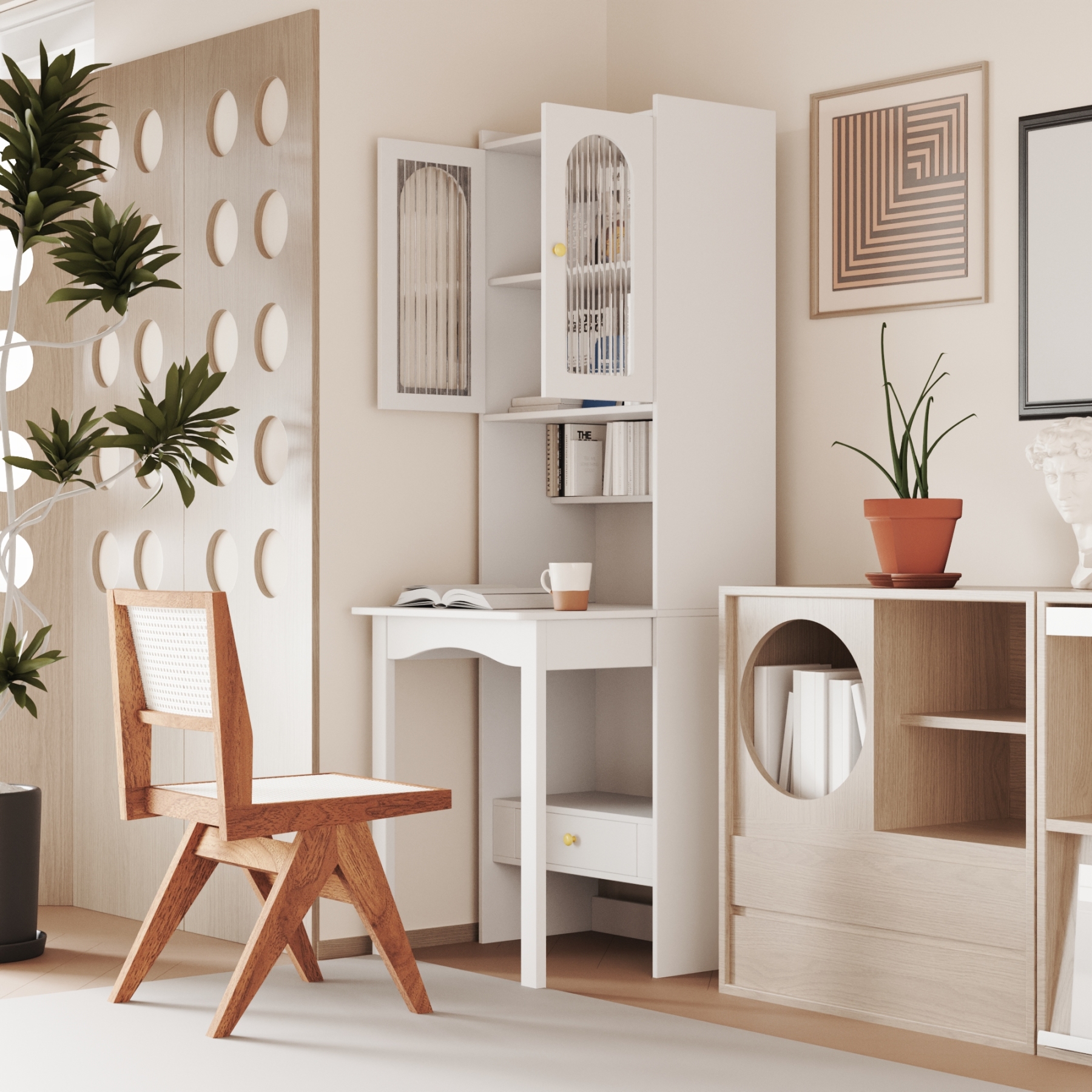 Wood Bookcase with Foldable Desk & Glass Doors for Home Office | Space-Saving