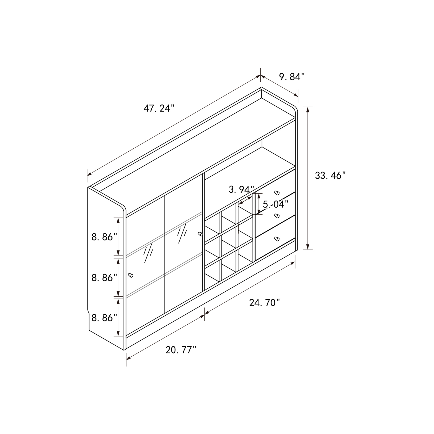 Wood Wine Bar Cabinet with Glass Door & Drawers - 9 Bottle Storage