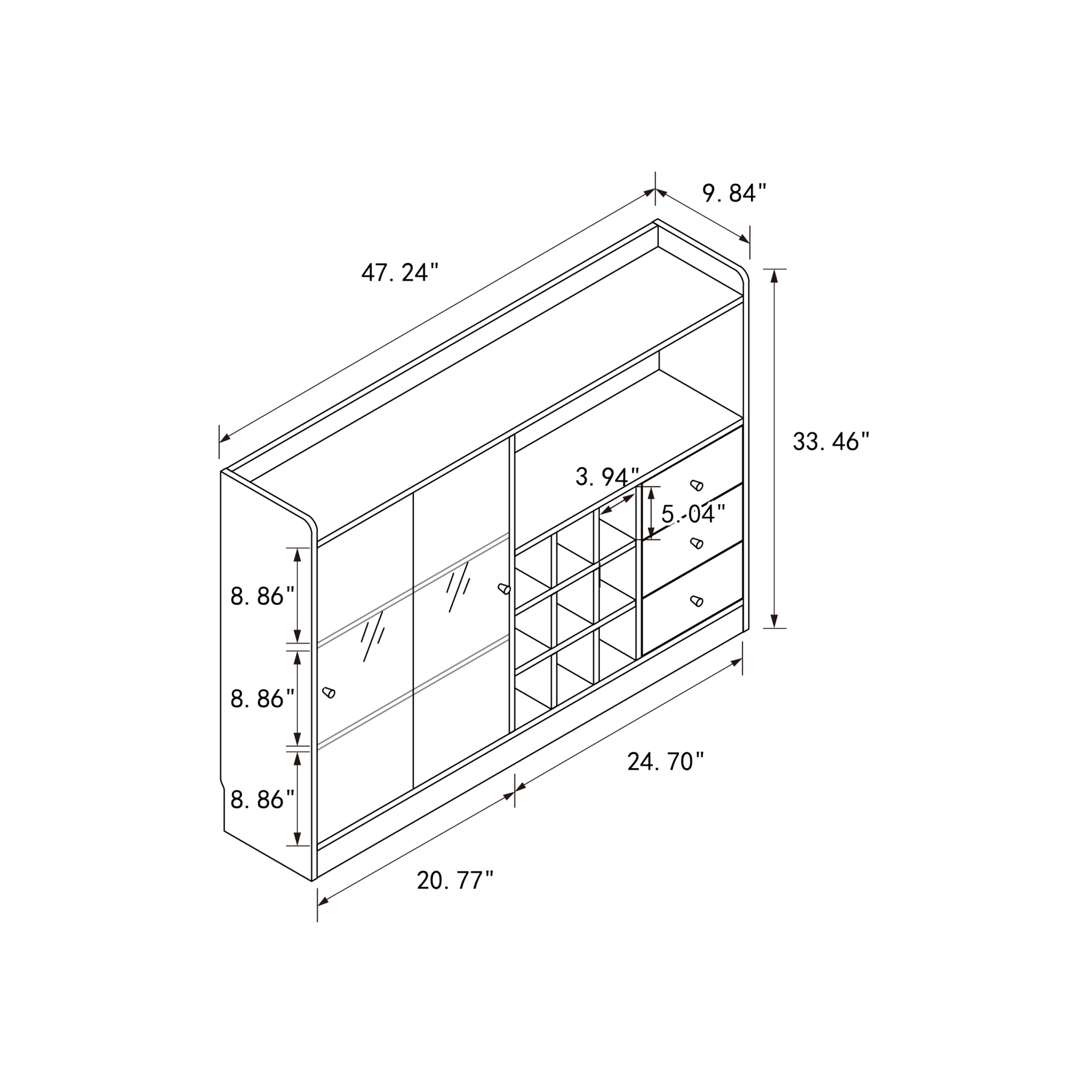 Wood Wine Bar Cabinet with Glass Door & Drawers - 9 Bottle Storage