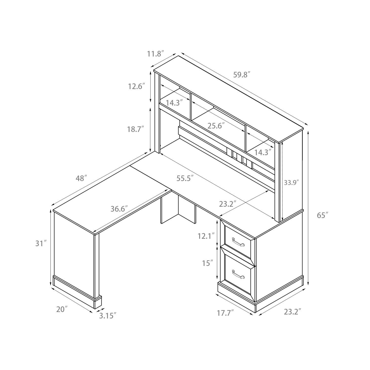 L-Shaped Computer Desk with Hutch, Storage Shelves & 2 Drawers for Home Office
