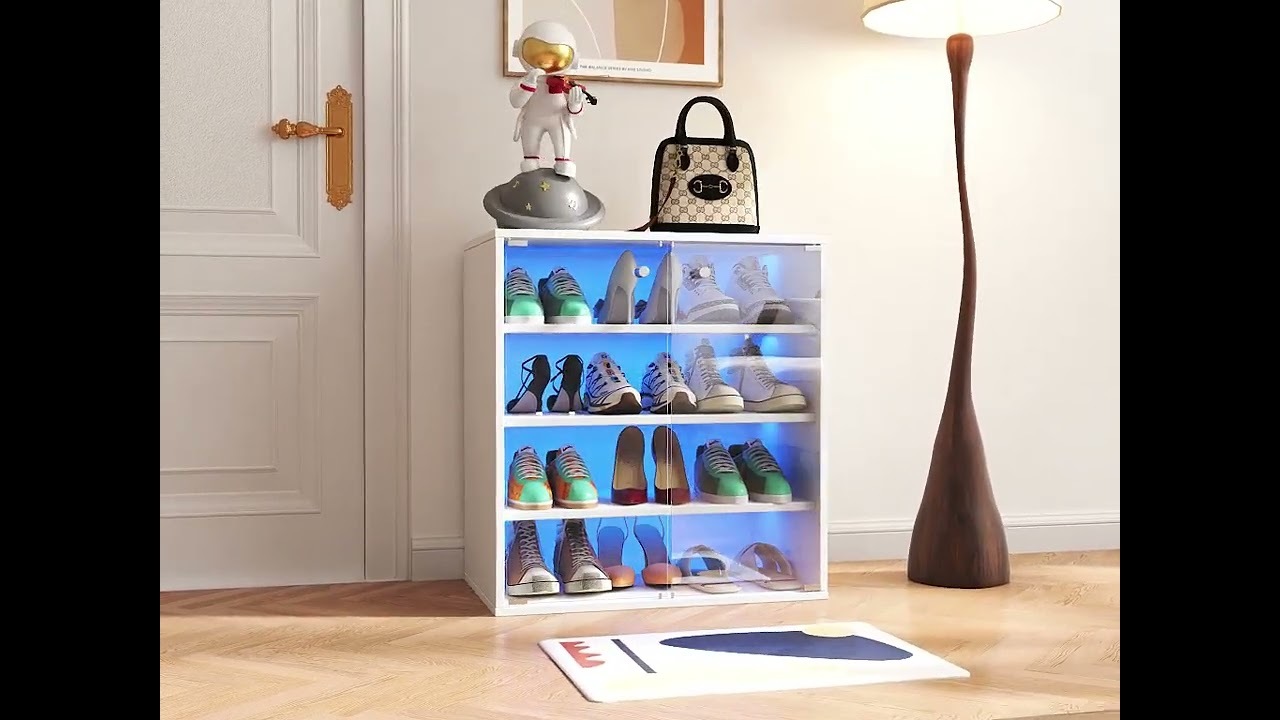 4-Tier Shoe Box Cabinet with RGB LED Light & Glass Doors