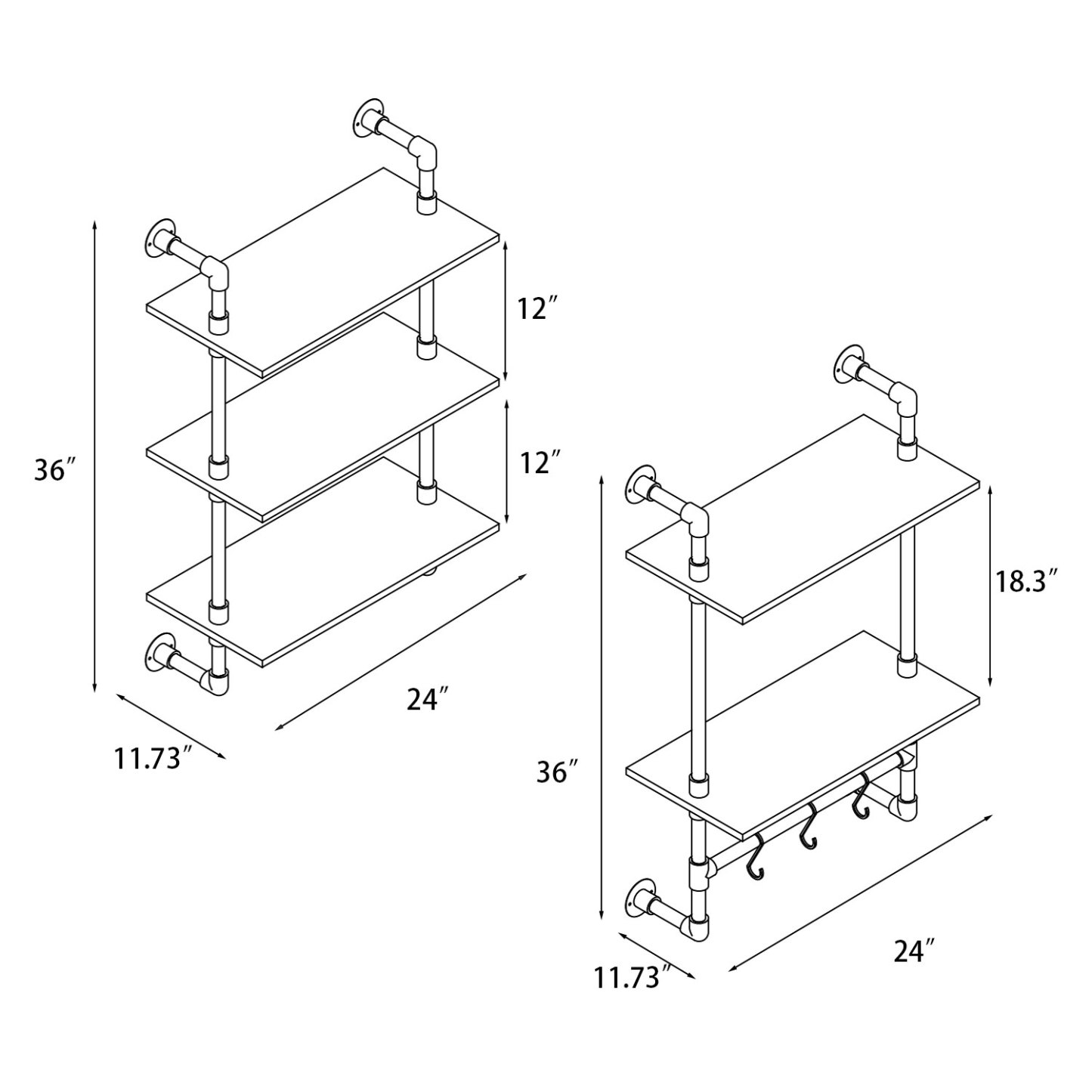 Industrial Pipe Shelving Set, 2-Tier with Hooks & 3-Tier Wood Wall Shelf Combo
