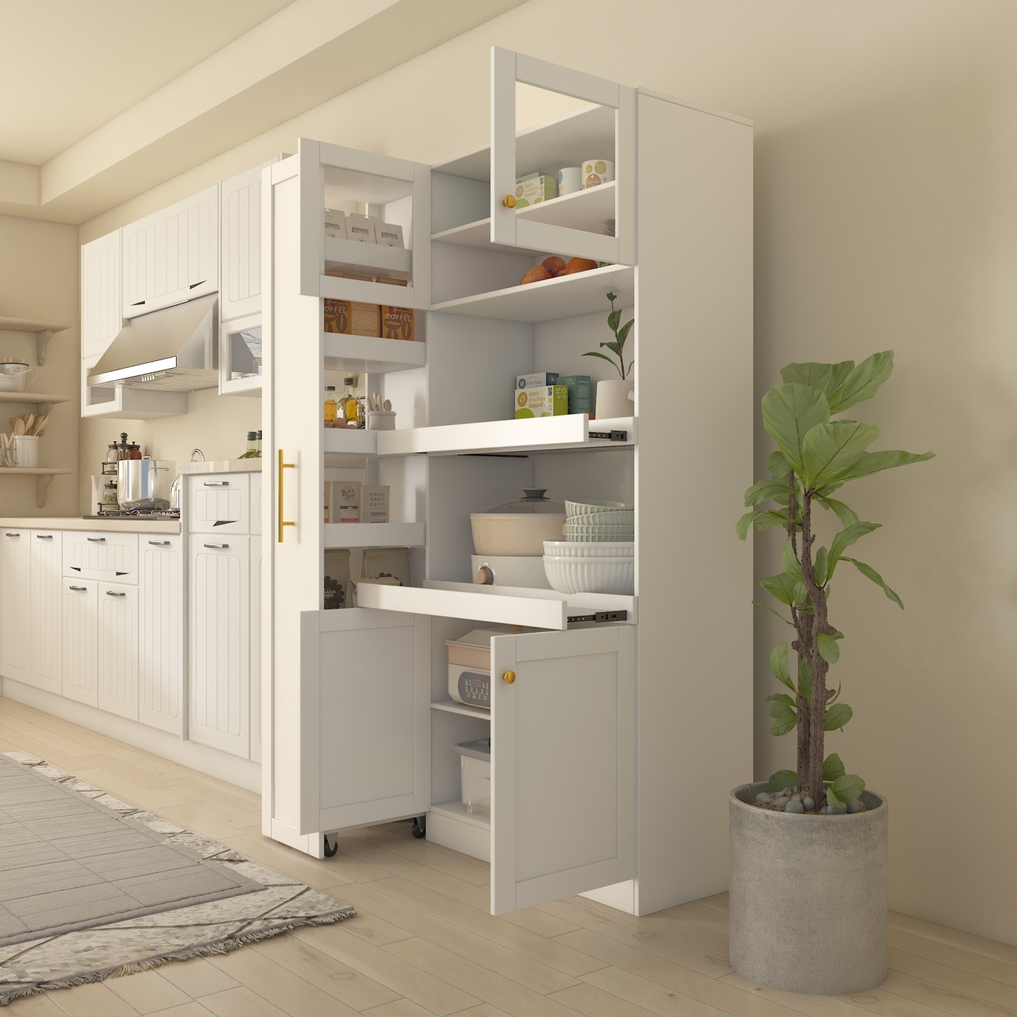 71" Tall Kitchen Pantry Cabinet with Pull Out Shelves and Glass Doors | Multifunctional