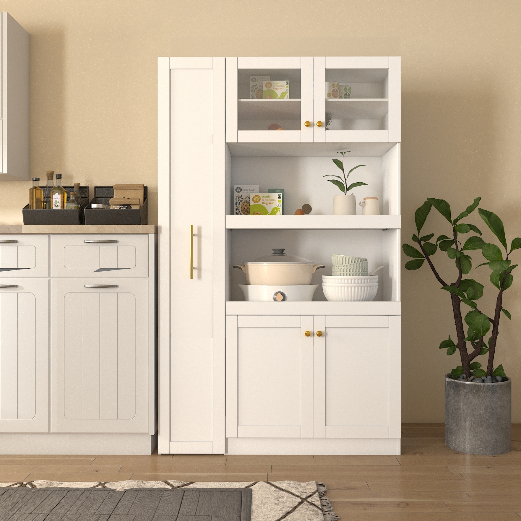 71" Tall Kitchen Pantry Cabinet with Pull Out Shelves and Glass Doors | Multifunctional