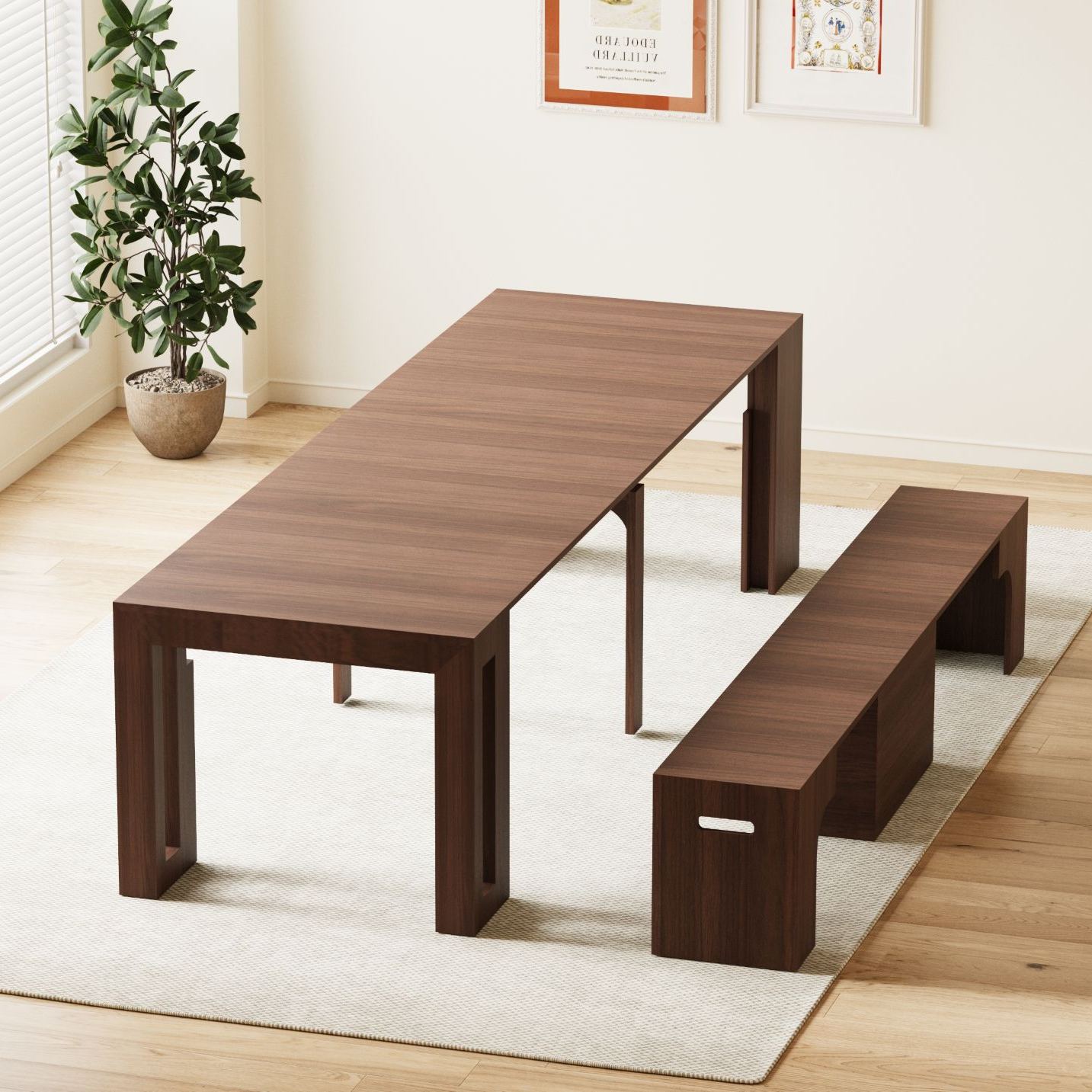 Joysource Transforming Dining Set - Solid Wood Extendable Table & Expandable Bench