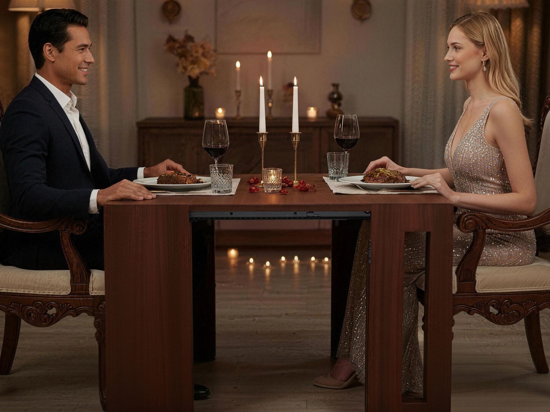 Joysource Transforming Dining Set - Solid Wood Extendable Table & Expandable Bench