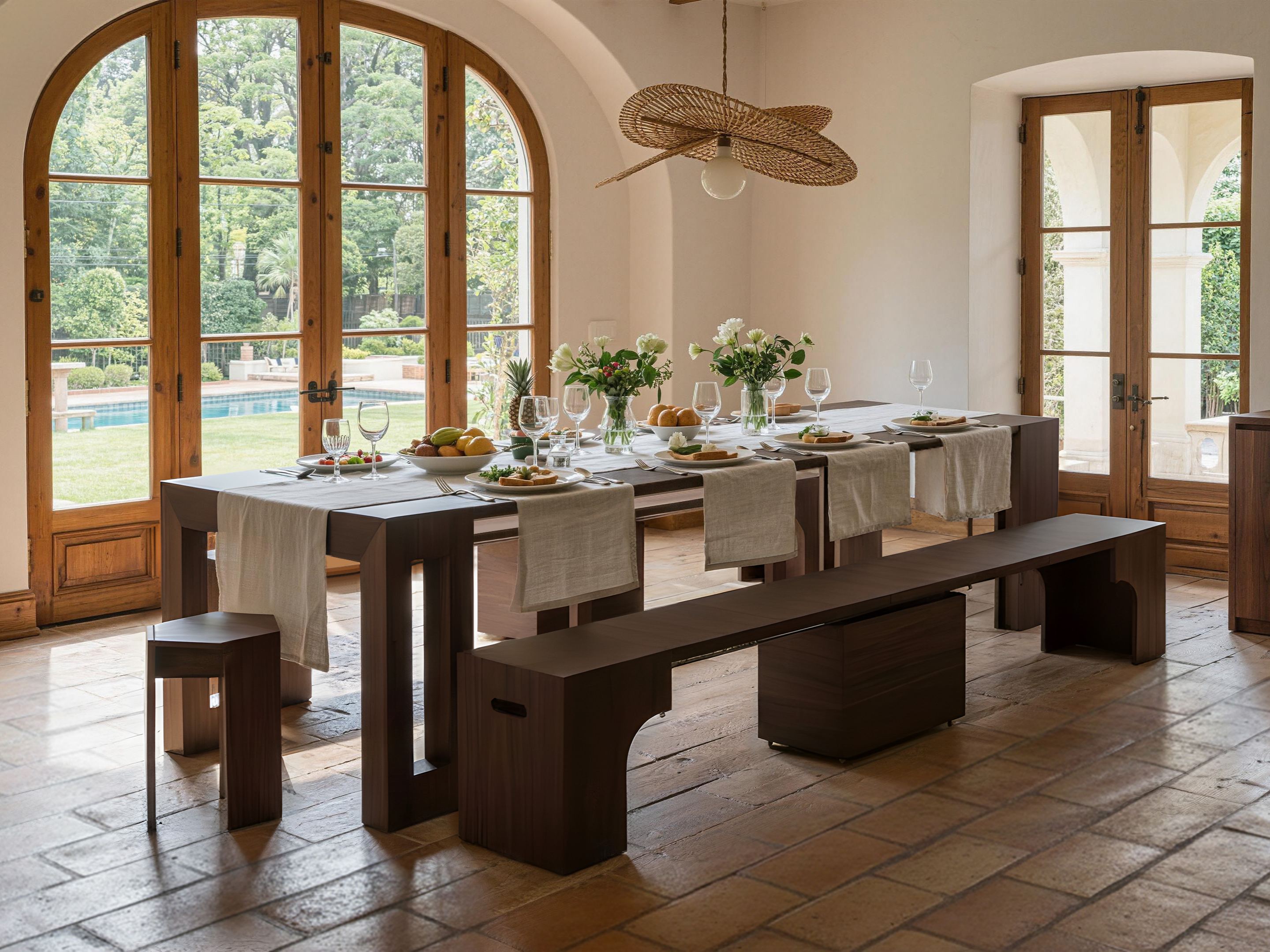 Solid Wood Transforming Dining Set, Extendable Table and Expandable Bench, Seats 2–12
