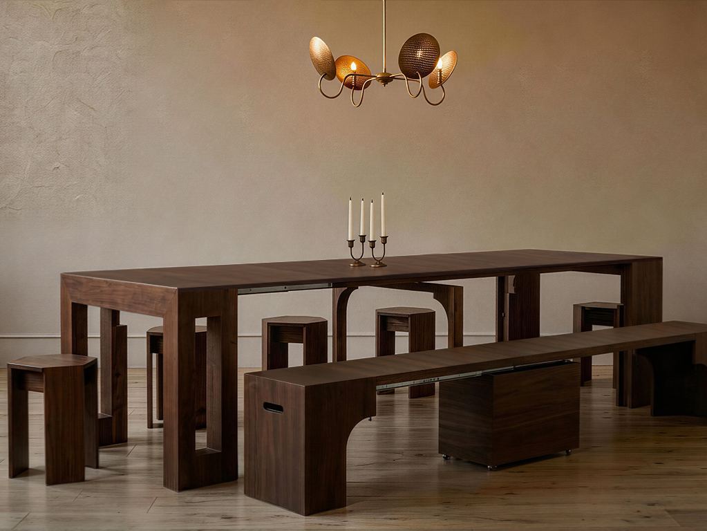 Solid Wood Transforming Dining Set, Extendable Table and Expandable Bench, Seats 2–12