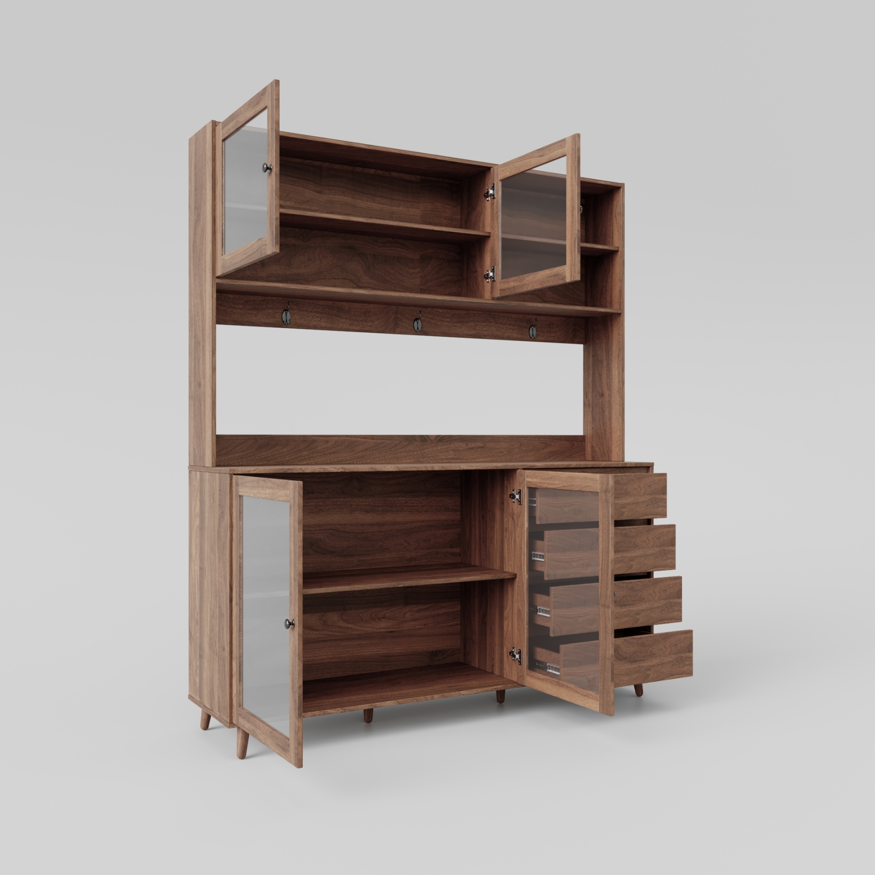 63" W Large Kitchen Cabinet with Hutch, 4 Doors, 4 Drawers & Microwave Shelf