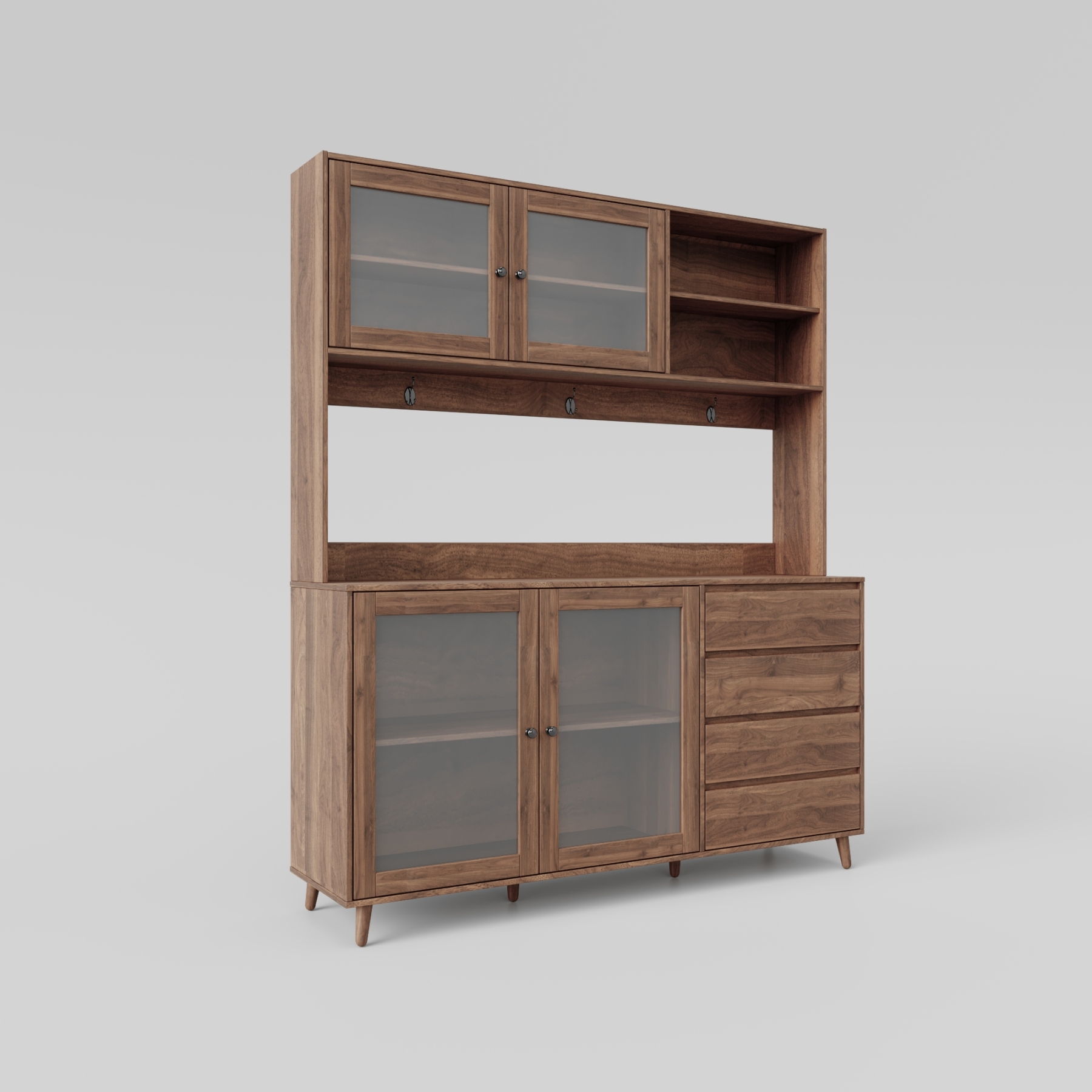 63" W Large Kitchen Cabinet with Hutch, 4 Doors, 4 Drawers & Microwave Shelf