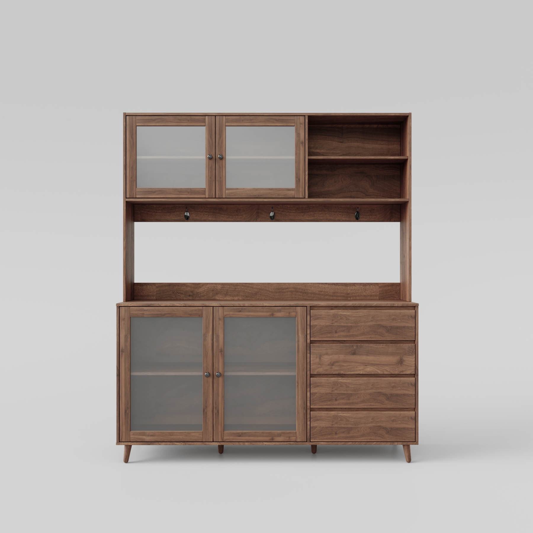 63" W Large Kitchen Cabinet with Hutch, 4 Doors, 4 Drawers & Microwave