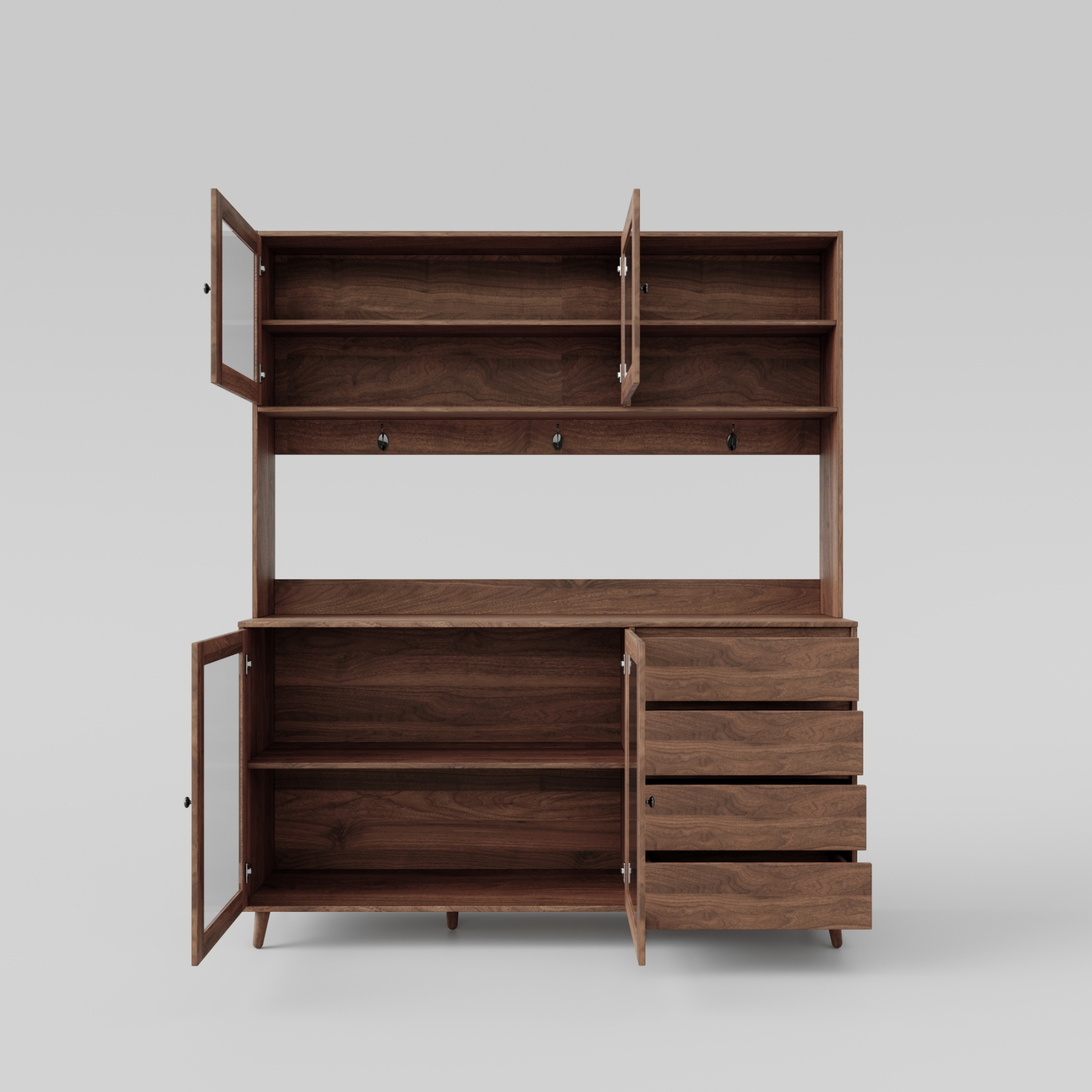 63" W Large Kitchen Cabinet with Hutch, 4 Doors, 4 Drawers & Microwave Shelf