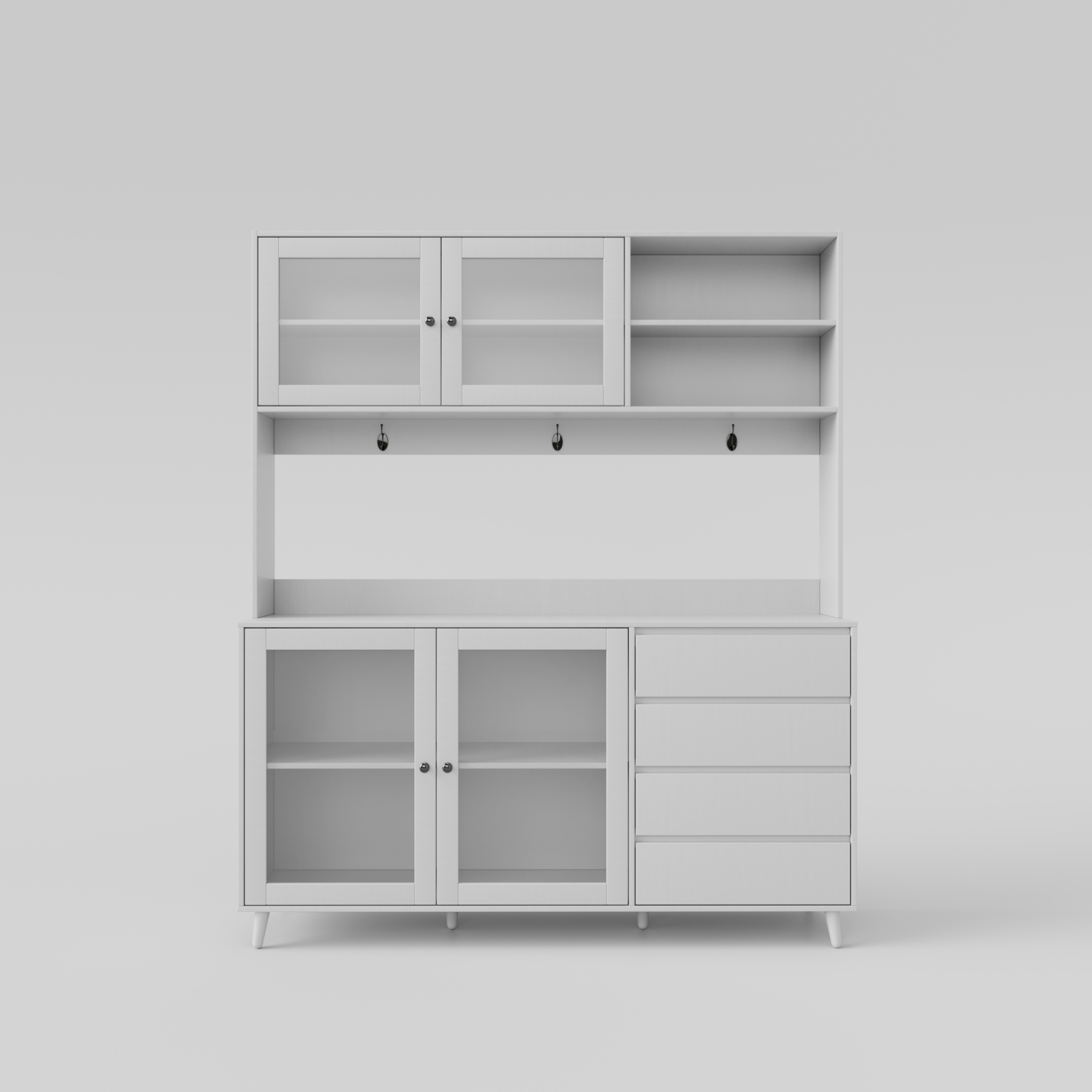 63" W Large Kitchen Cabinet with Hutch, 4 Doors, 4 Drawers & Microwave Shelf