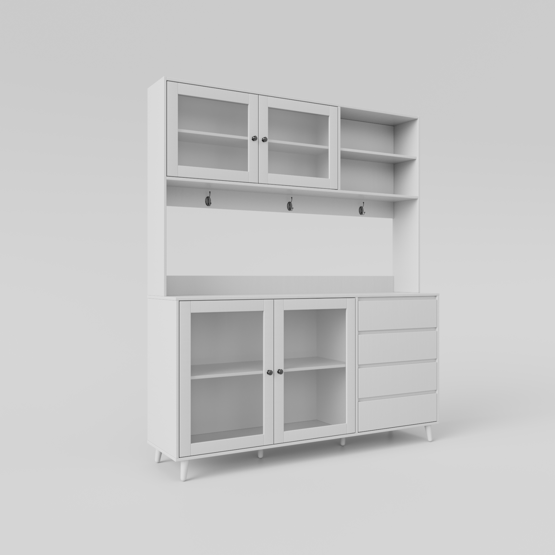 63" W Large Kitchen Cabinet with Hutch, 4 Doors, 4 Drawers & Microwave Shelf