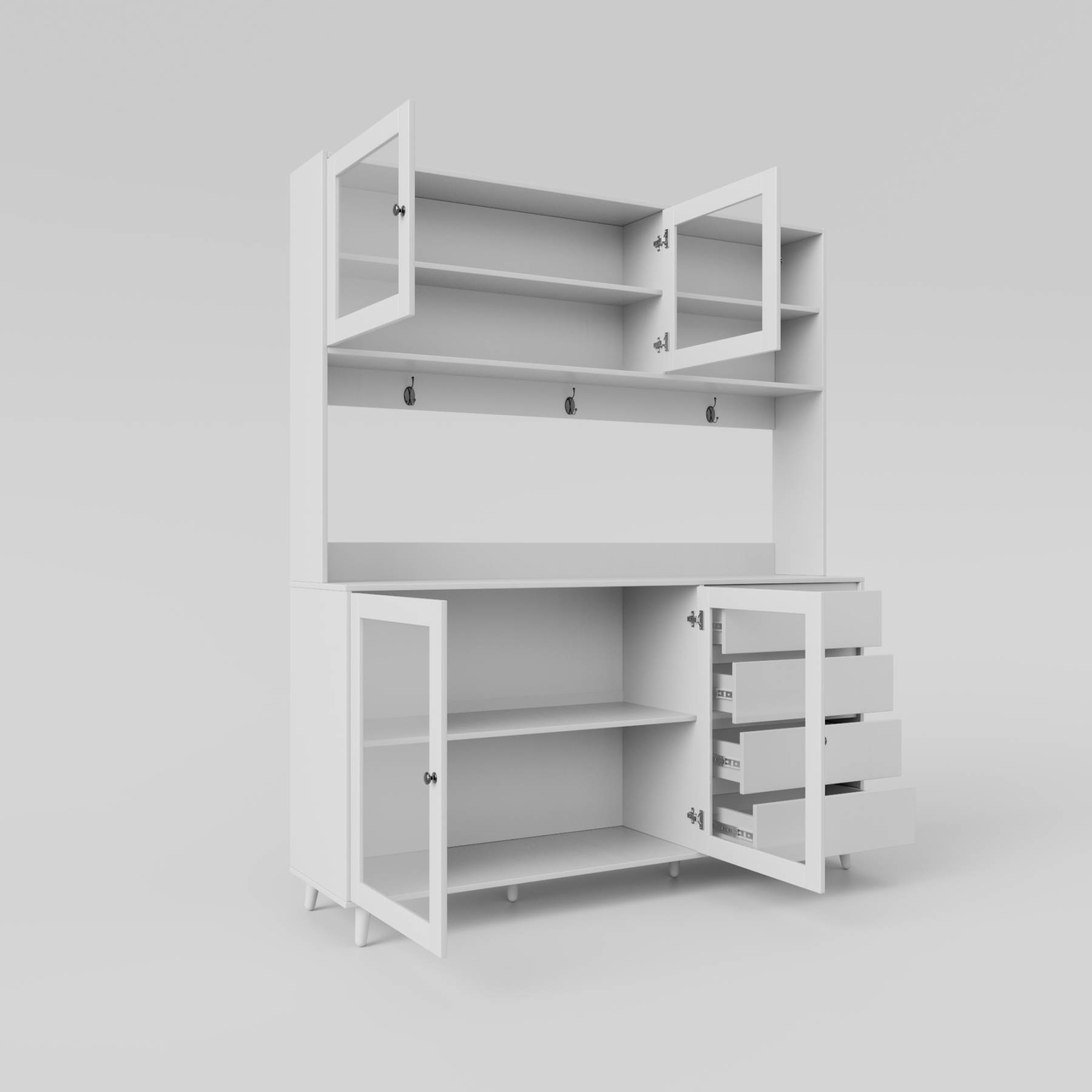 63" W Large Kitchen Cabinet with Hutch, 4 Doors, 4 Drawers & Microwave Shelf