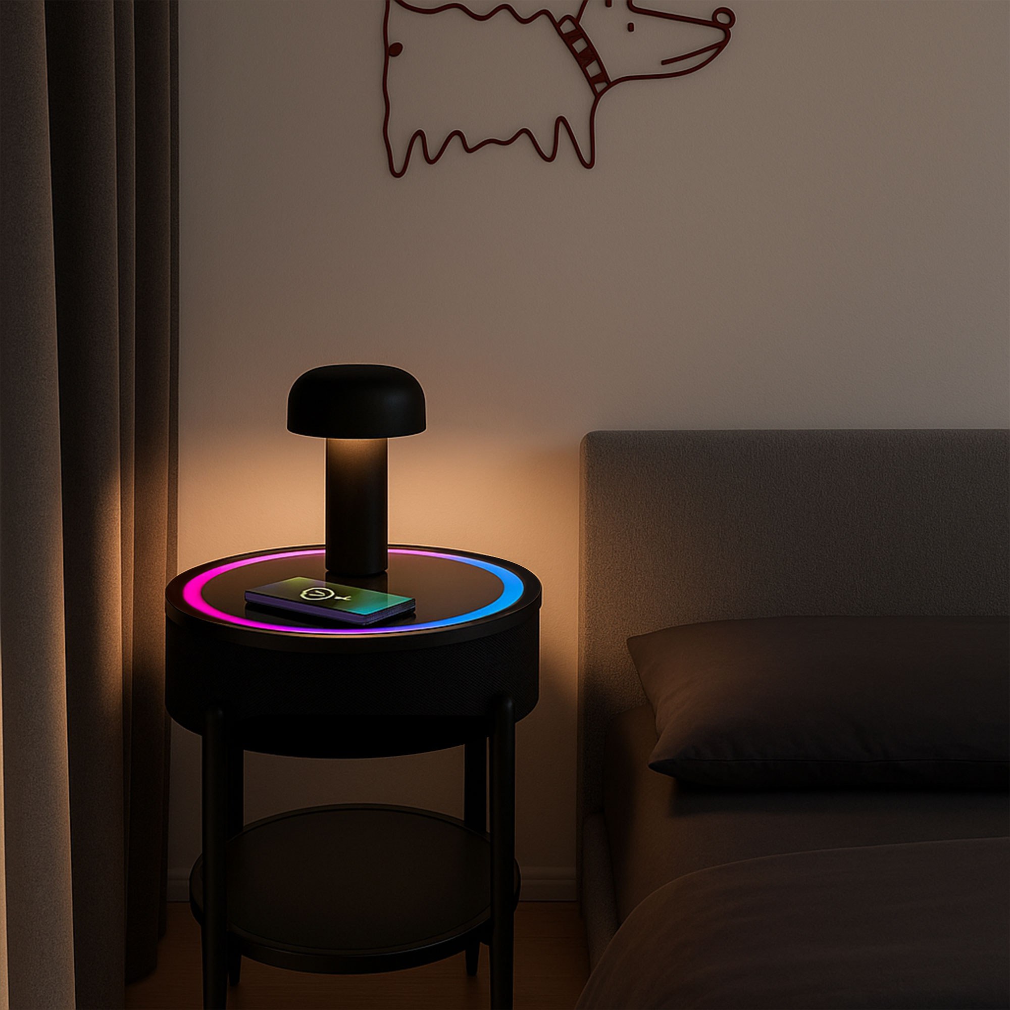 Round Smart Side Table with Built-in Bluetooth Speaker & Wireless Charging