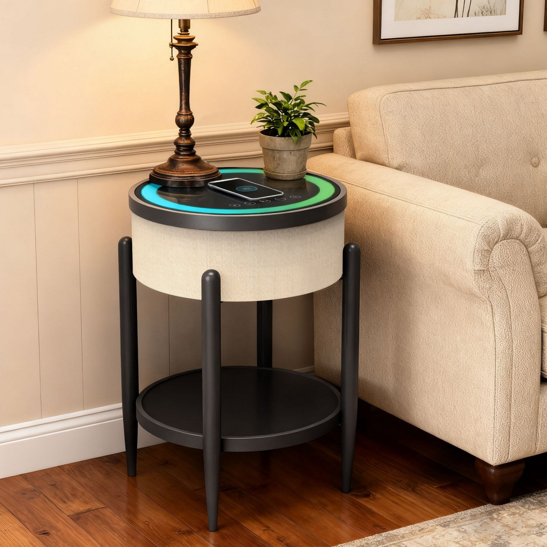 Round Smart Side Table with Built-in Bluetooth Speaker & Wireless Charging