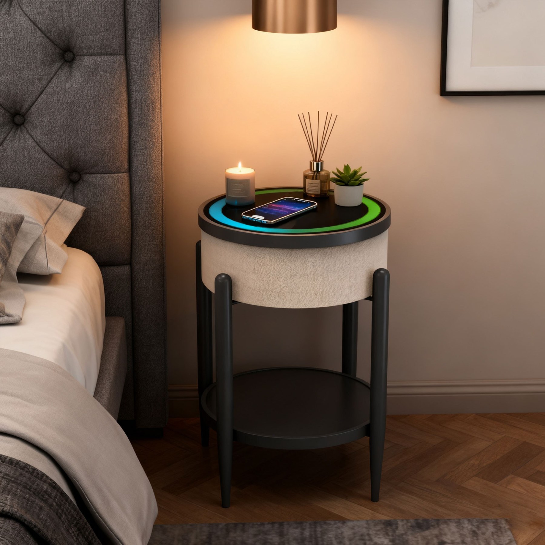 Round Smart Side Table with Built-in Bluetooth Speaker & Wireless Charging