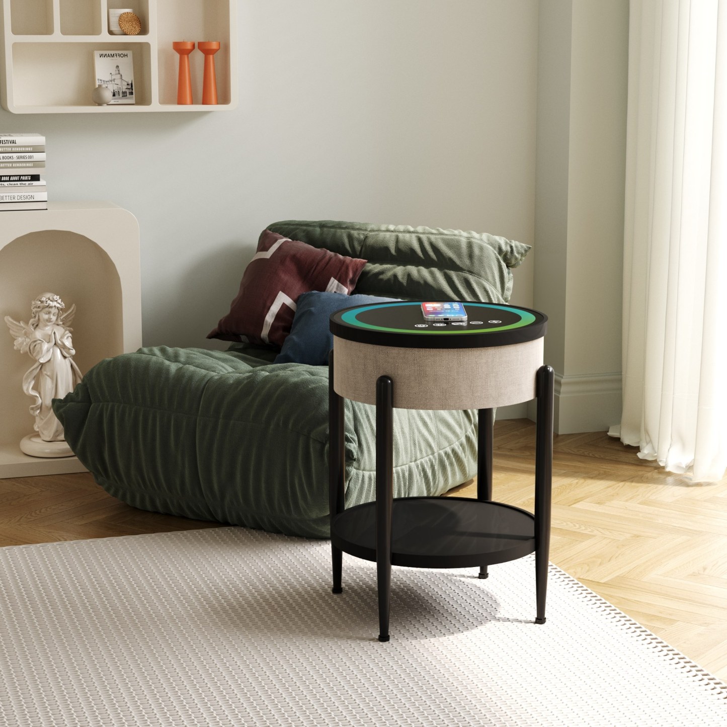 Round Smart Side Table with Built-in Bluetooth Speaker & Wireless Charging