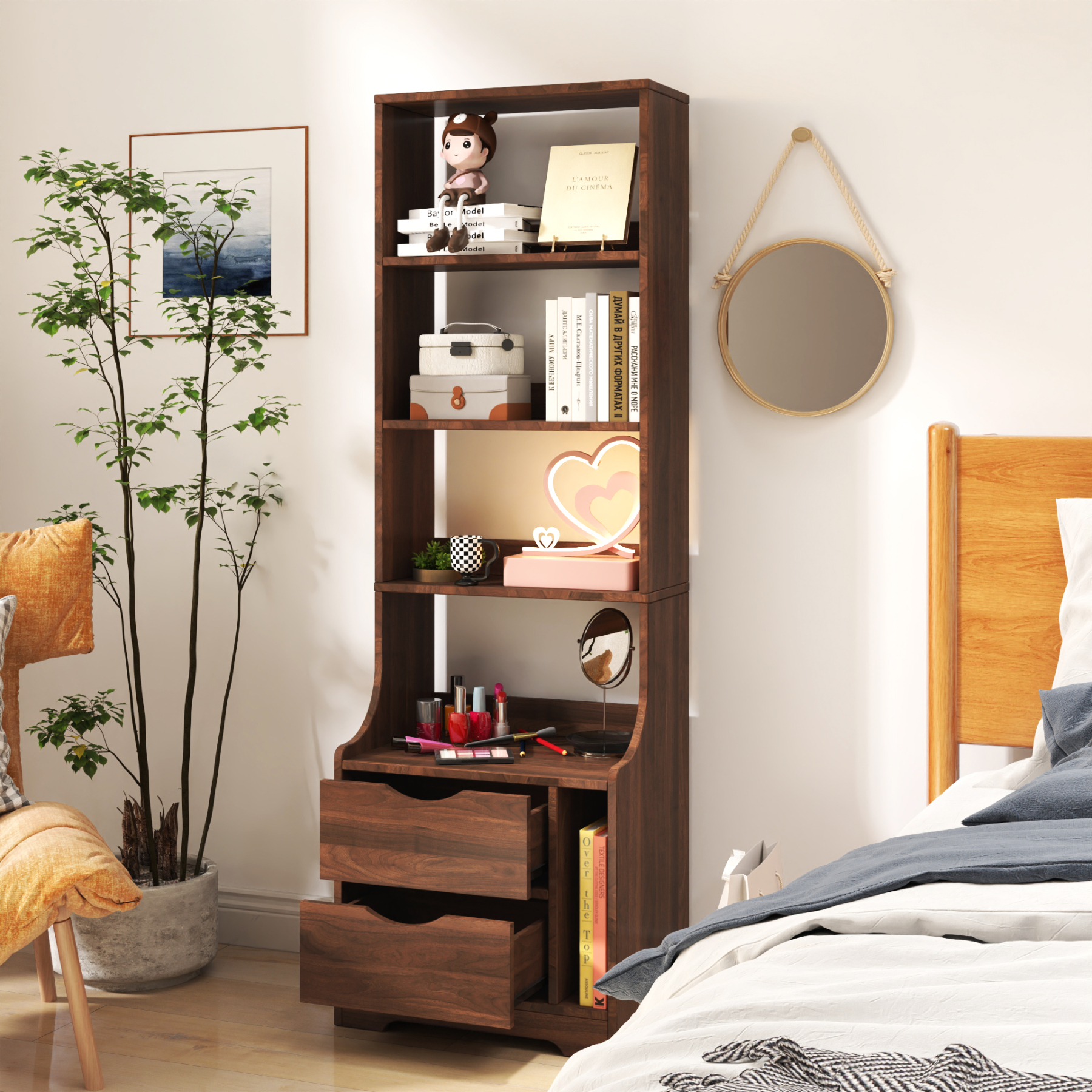 5-Tier Tall Nightstand with 2 Drawers for Bedroom, Home Office | Bookshelf