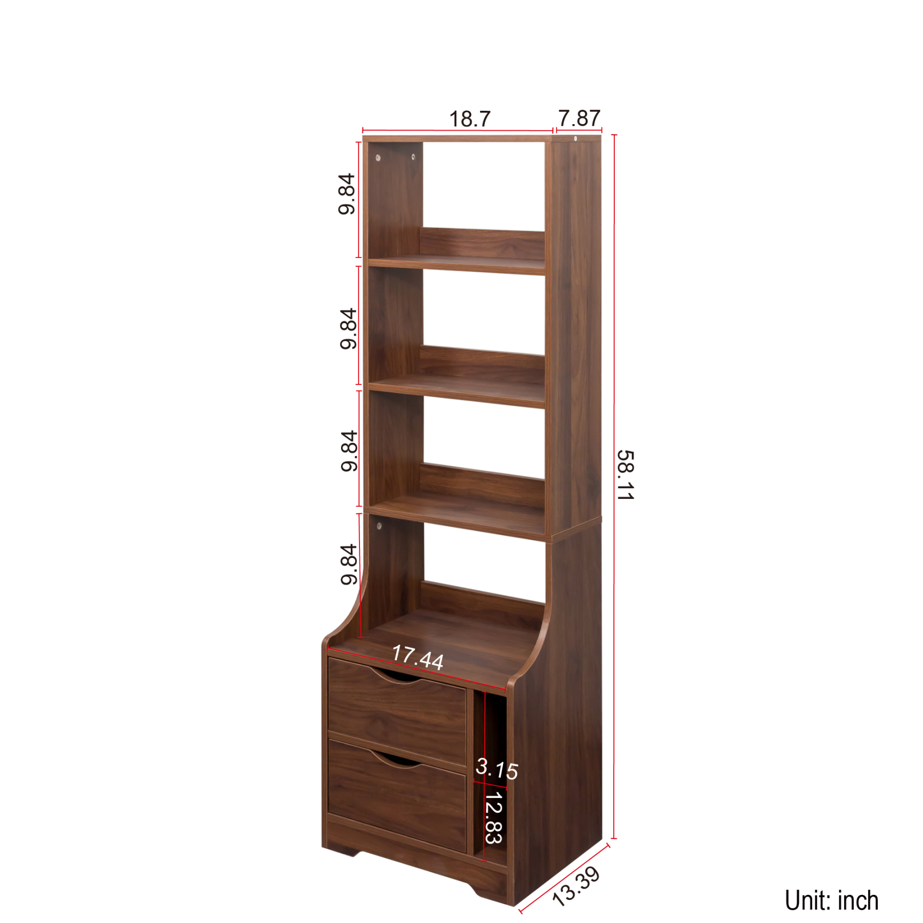 5-Tier Tall Nightstand with 2 Drawers for Bedroom, Home Office | Bookshelf