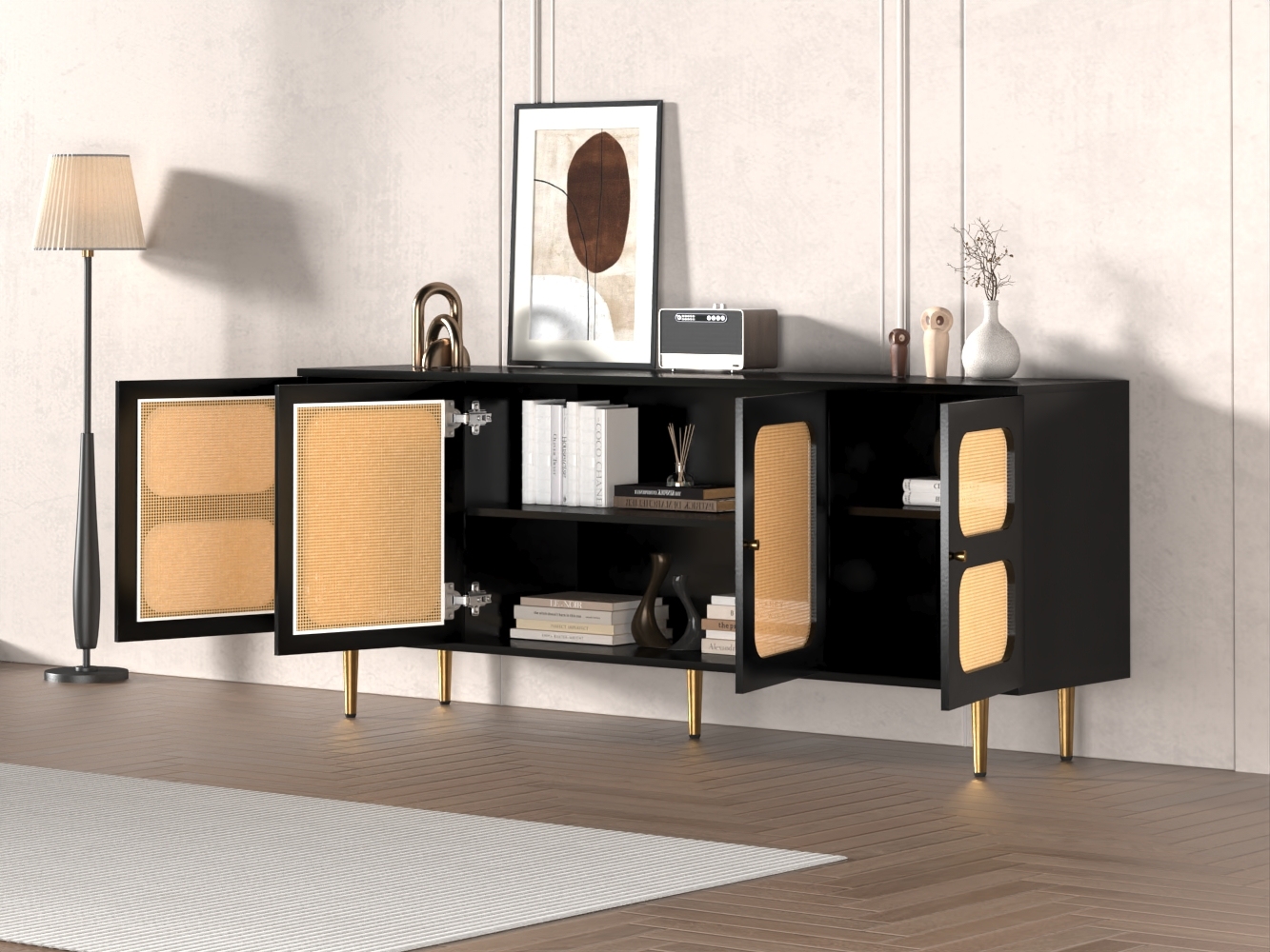 Modern Black Credenza with Rattan Mesh, 71" TV Stand Entertainment Center