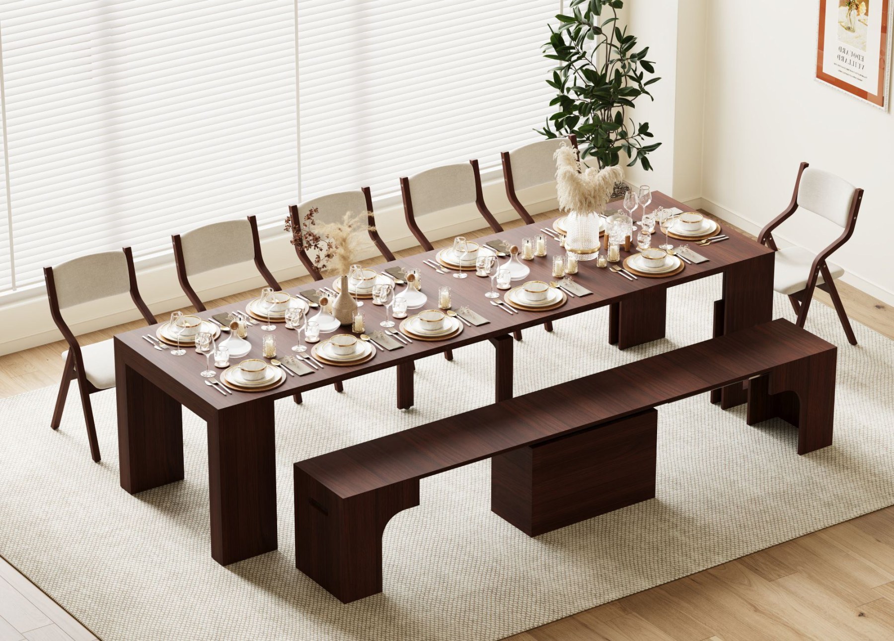Extendable Dining Table & Bench Set | Seats 2–12, Space-Saving & Self-Storing, Solid Wood 