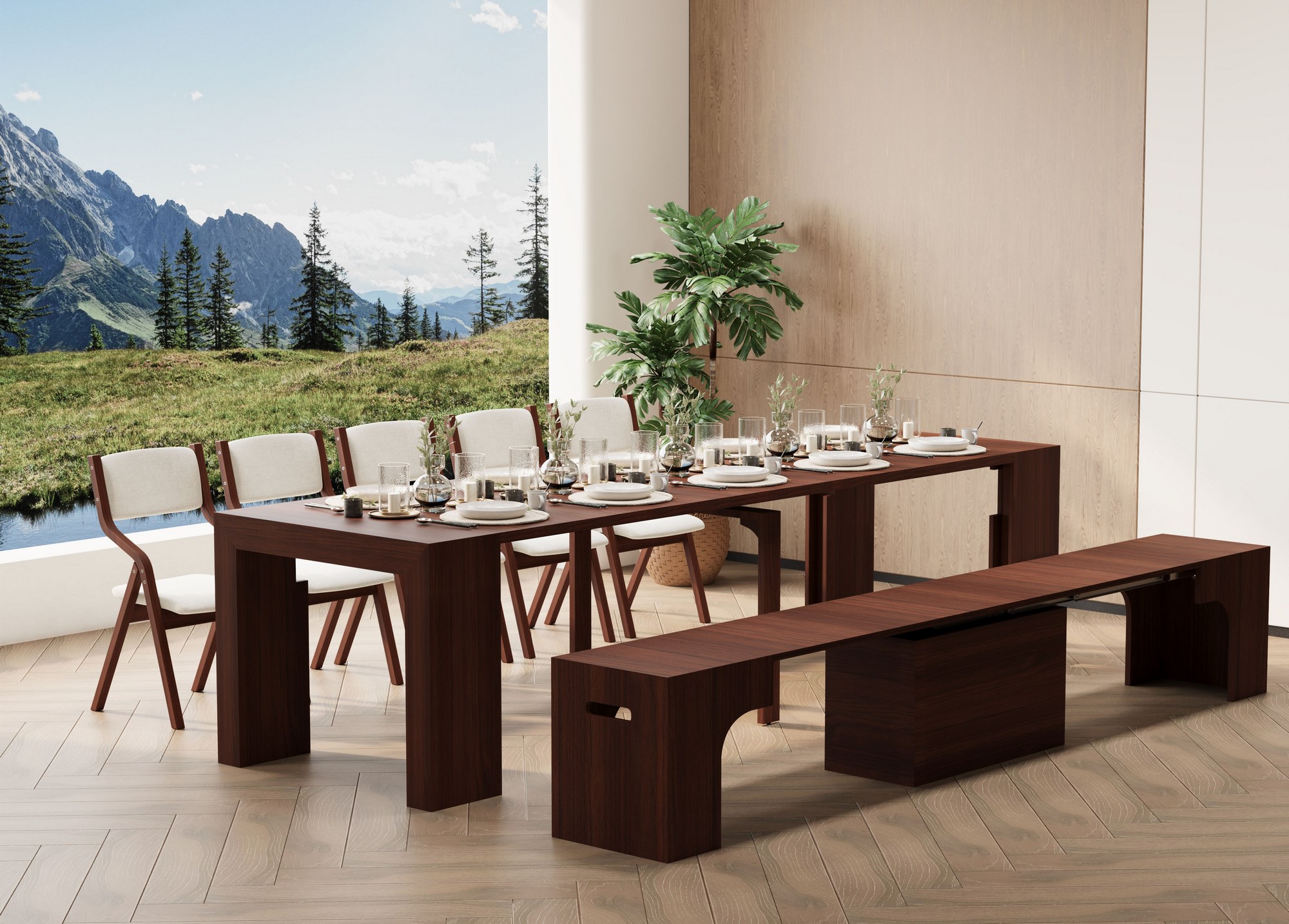 Extendable Dining Table & Bench Set | Seats 2–12, Space-Saving & Self-Storing, Solid Wood 