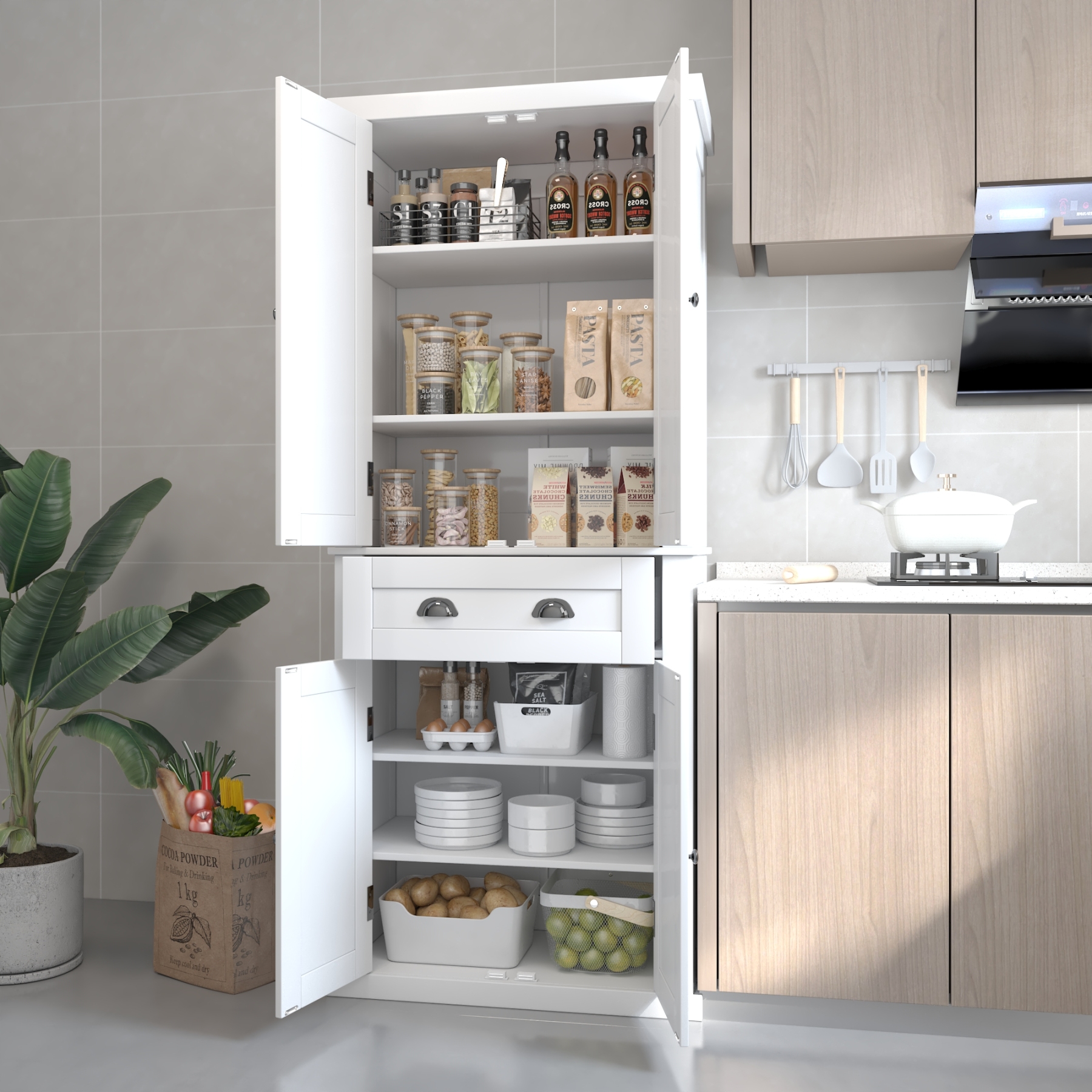 72" Kitchen Pantry Storage Cabinet with 4 Doors & Adjustable Shelves