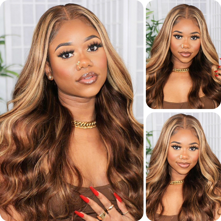 Donmily Bye Bye Knots Wig 7×5 Pre-Cut Brown And Blonde Highlight Body Wave