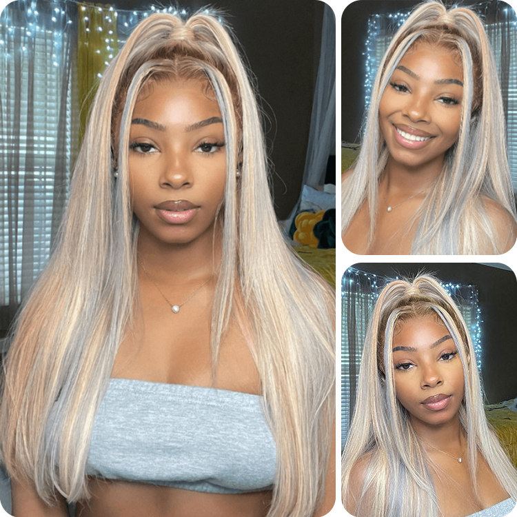 Donmily Platinum with Multicolored Highlights 6x4.75 Pre-Cut Lace Straight Human Hair Wig