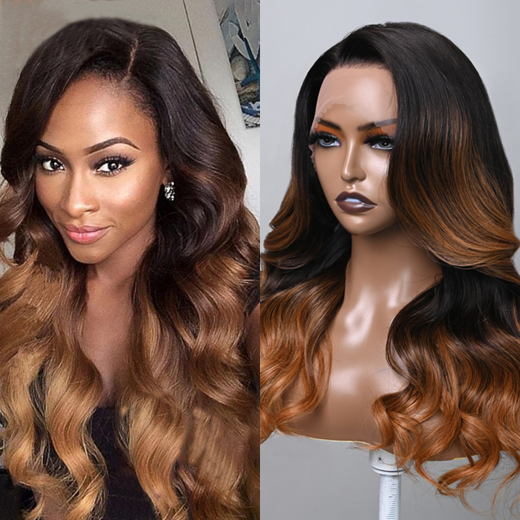 Donmily 13x4 Lace Front Toasted Caramel Ombre Body Wave Wig Balayage Highlights With Dark Roots