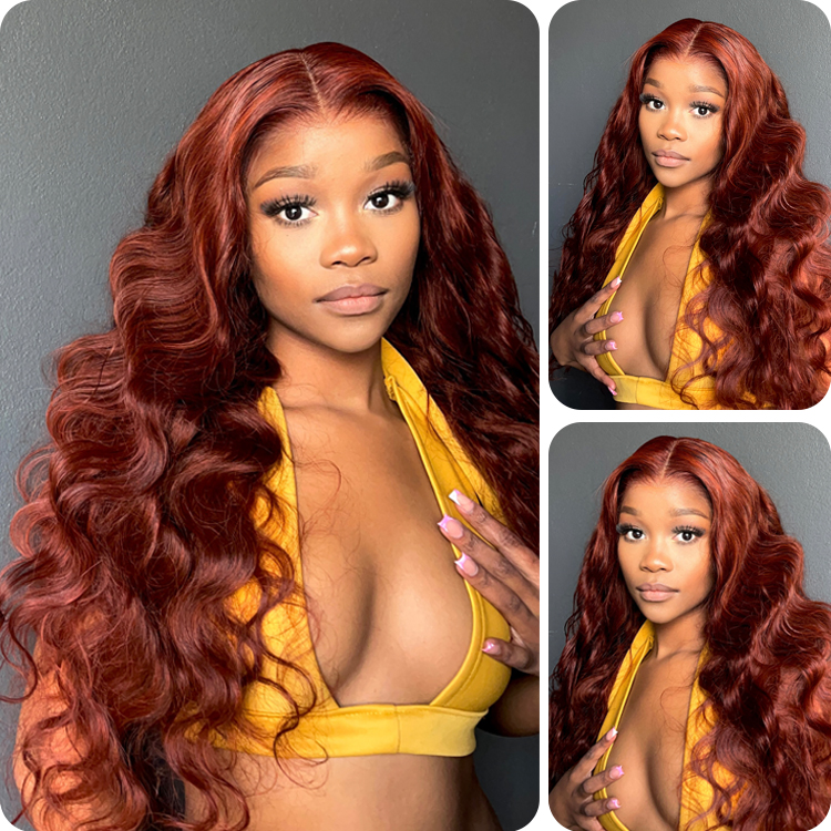 Donmily Copper Reddish Brown Human Hair Body Wave Wigs 13X4 Lace Front Wigs Pre-Plucked with Baby Hair 180% Density