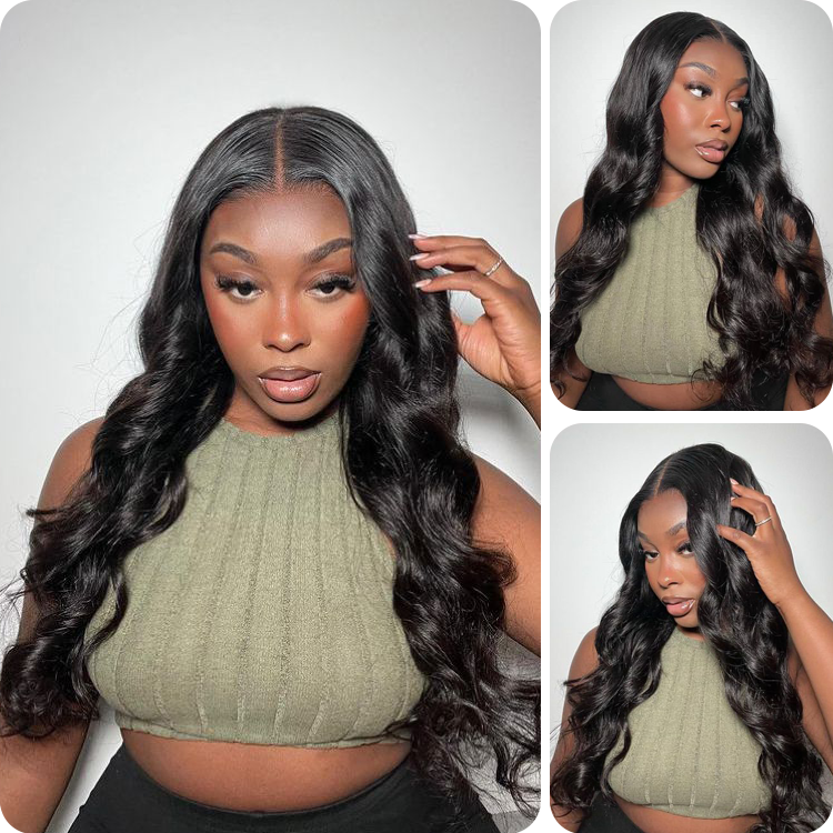 Donmily Glueless Pre-Cut 13x4 Lace Front Wigs Human Hair Body Wave pre-plucked Natural Black Wig With Bleach Knots