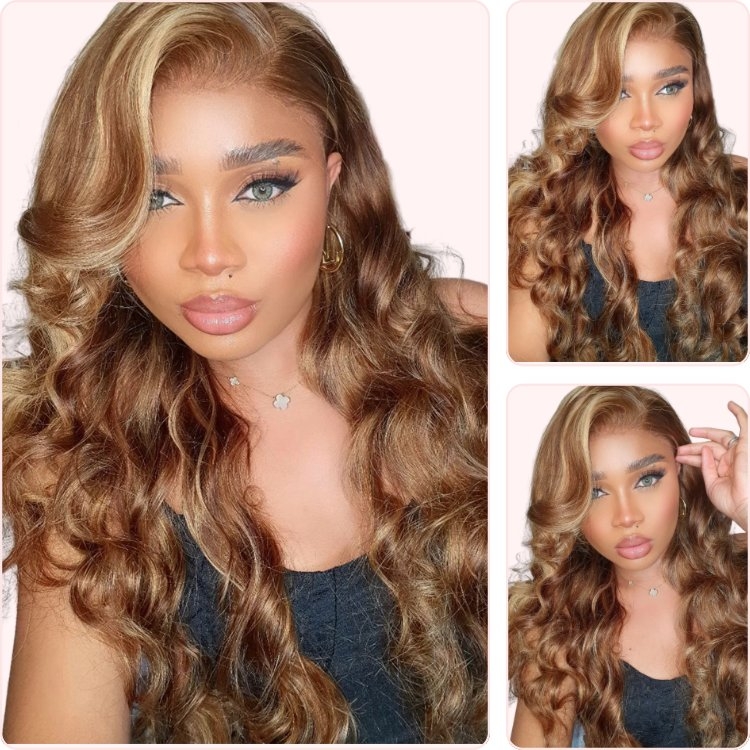Donmily Brown Ombre Blonde Highlighted Body Wave 13*4 Lace Frontal Pre-Plucked Virgin Hair Wig