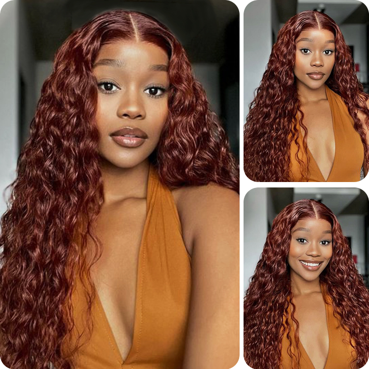 Donmily Auburn Curly Hair Water Wave13x4 Lace Frontal Copper Brown Hair Color 150% Density Human Hair Wig