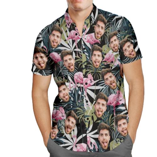 Custom Face Hawaiian Shirt Leaves and Flamingo Personalized Aloha Beach Shirt For Men